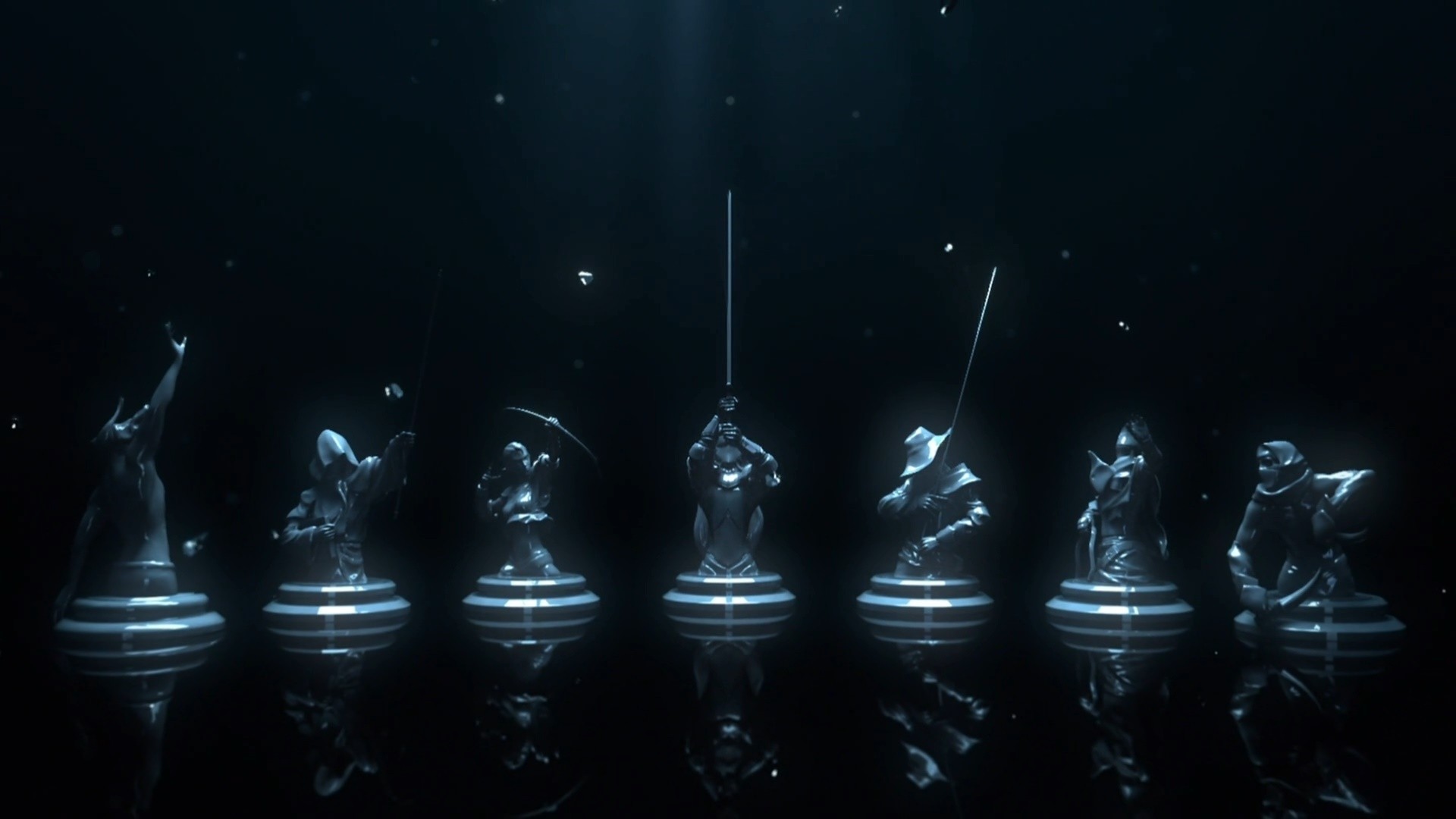 Pezzi di cristallo, Guerrieri, Sfondo blu scuro, Rendering 3D, 16:9 Full HD, wallpaper widescreen