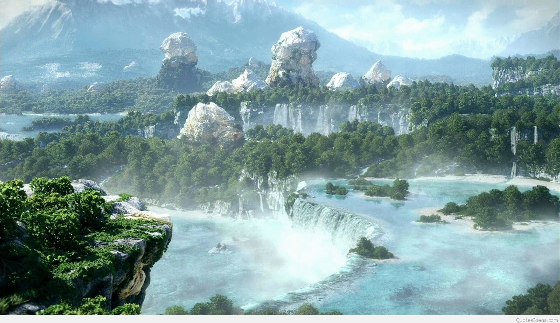Cascate, Foresta, Montagne, Paesaggio fantasy, Full HD, sfondo desktop
