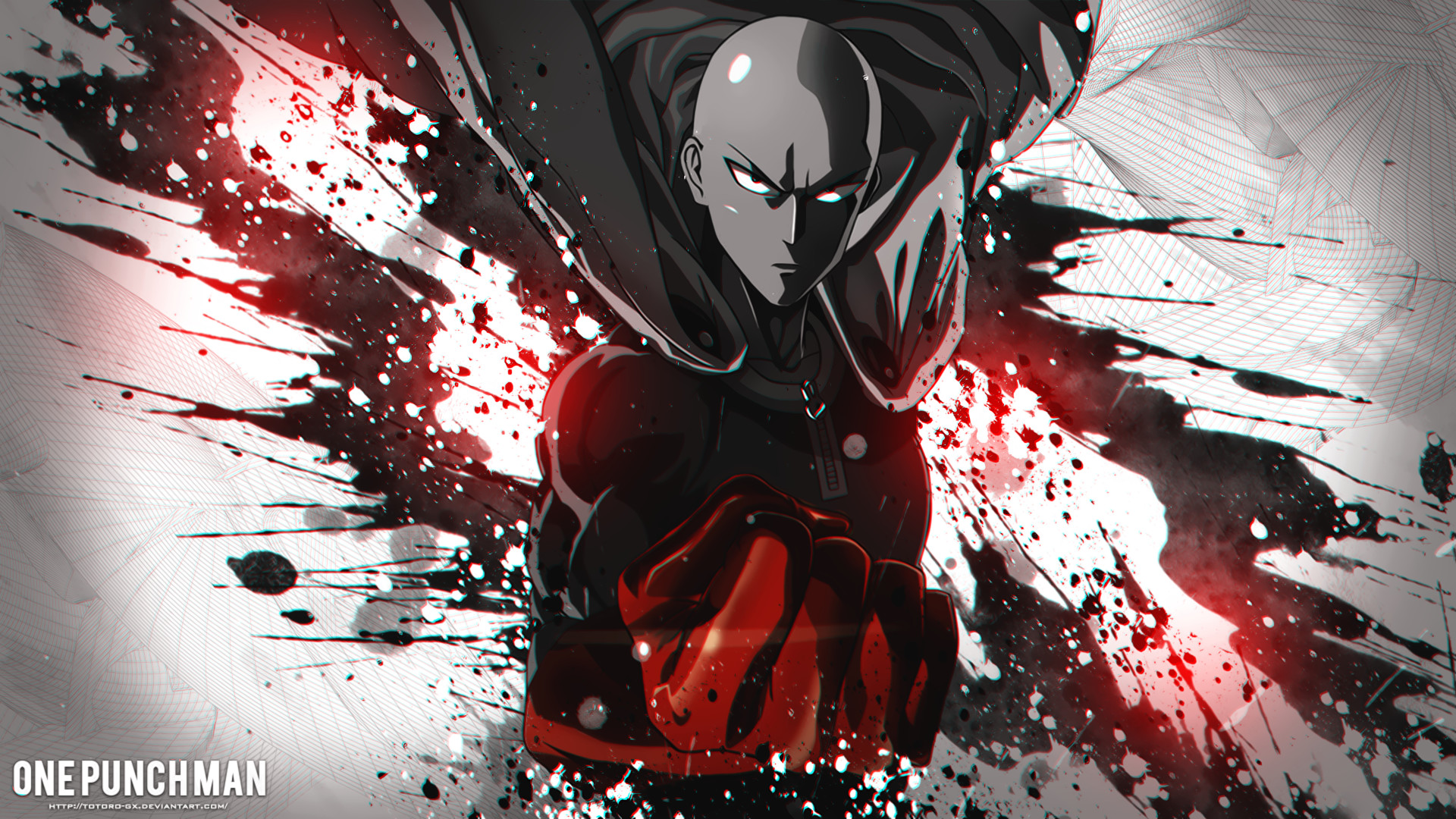 Saitama, One Punch Man, Schizzi rossi, Pugno, Full HD, sfondo desktop
