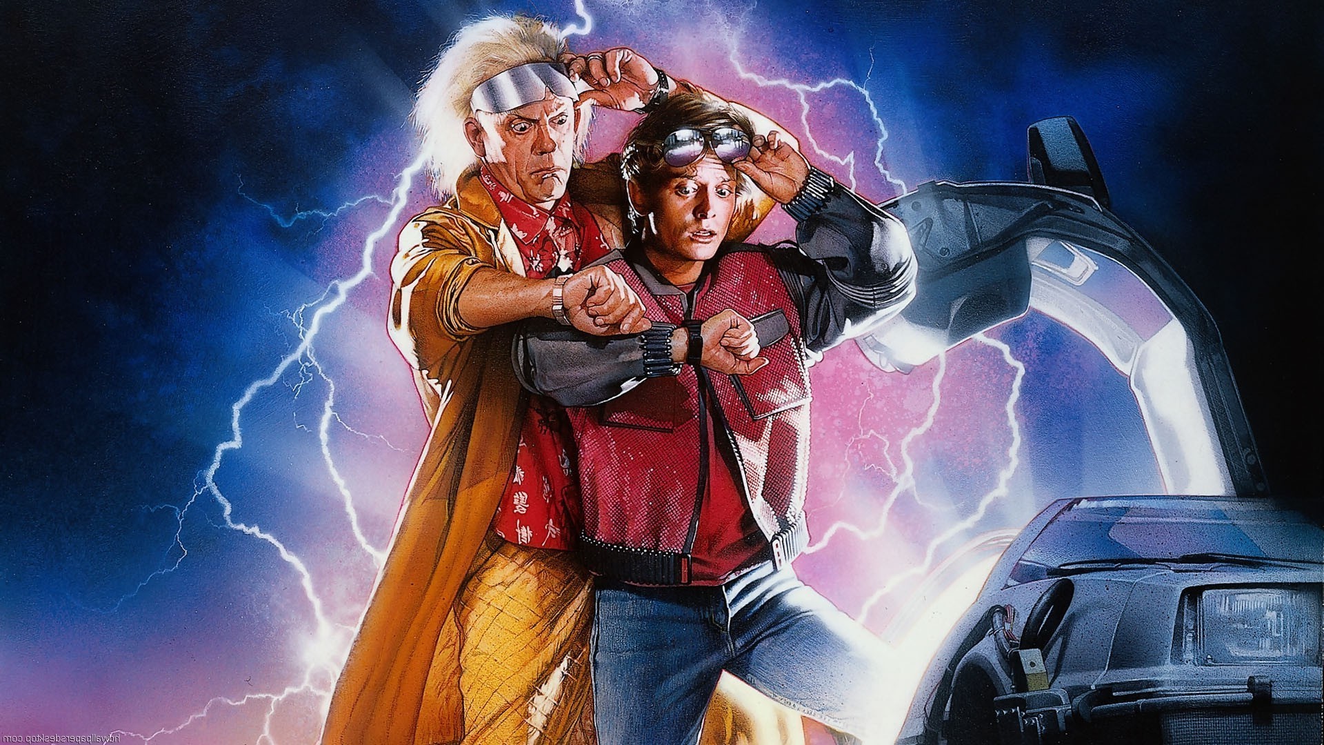 Doc Brown, Marty McFly, Ritorno al futuro, Locandina, Fulmini, Full HD, wallpaper per portatile