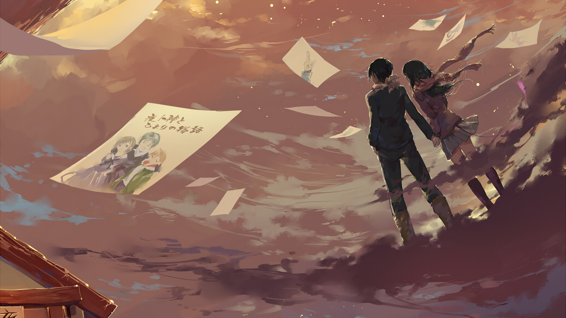 Yato, Hiyori Iki, Noragami, Fogli volanti, Tramonto, 16:9 Full HD, sfondo widescreen