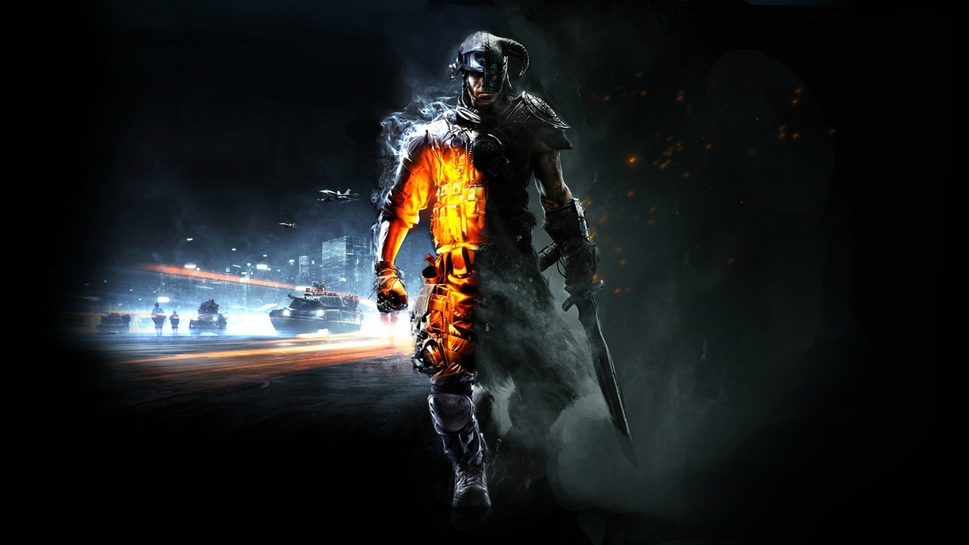 Dovahkiin, Battlefield 3, Crossover, Sfondo nero, Full HD, wallpaper per computer