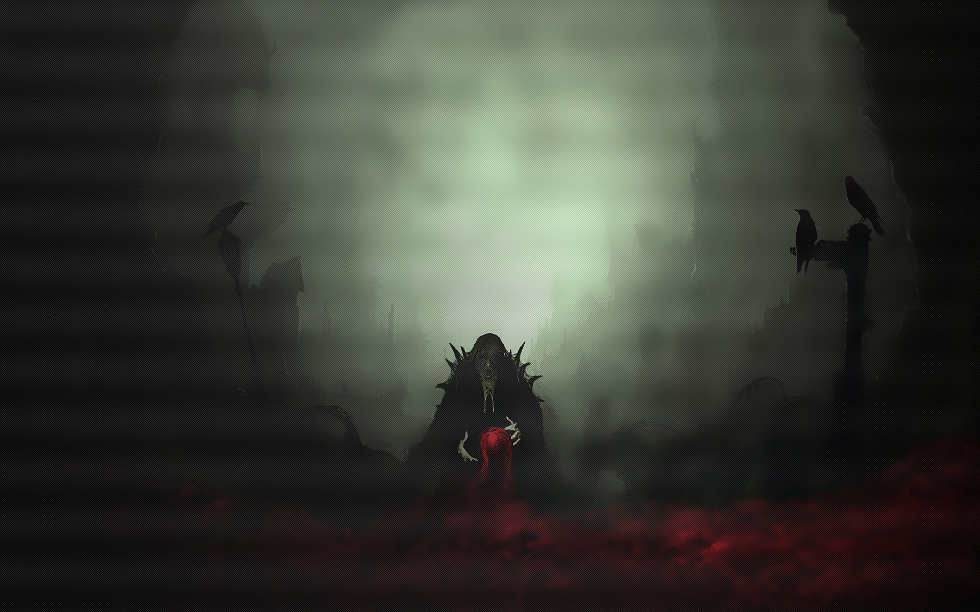 Figura incappucciata, Corvi, Nebbia, Dark fantasy, Rosso, 16:10 Full HD, wallpaper widescreen
