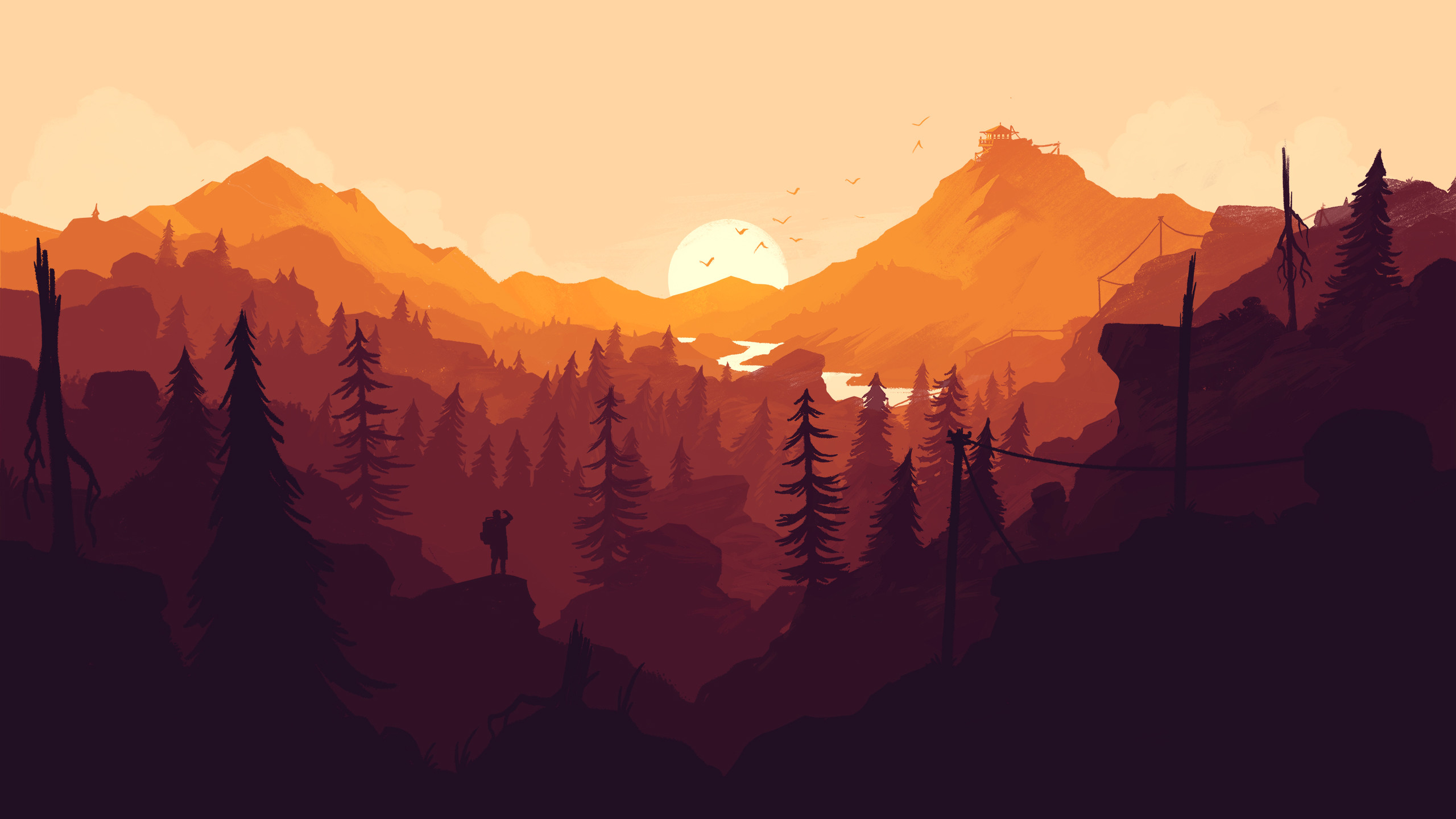 Firewatch, Wyoming, Montagne, Tramonto, Arancione, 2560x1440, immagine di sfondo