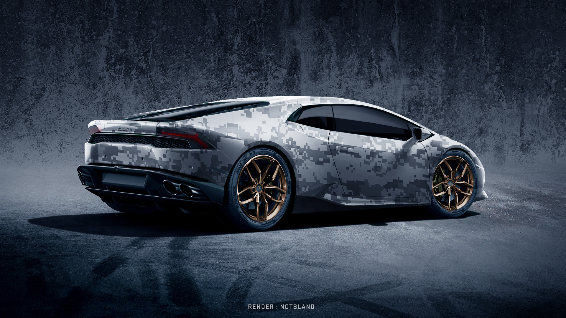 Lamborghini Huracán, Camouflage, Rendering 3D, Toni scuri, Full HD, sfondo per portatile