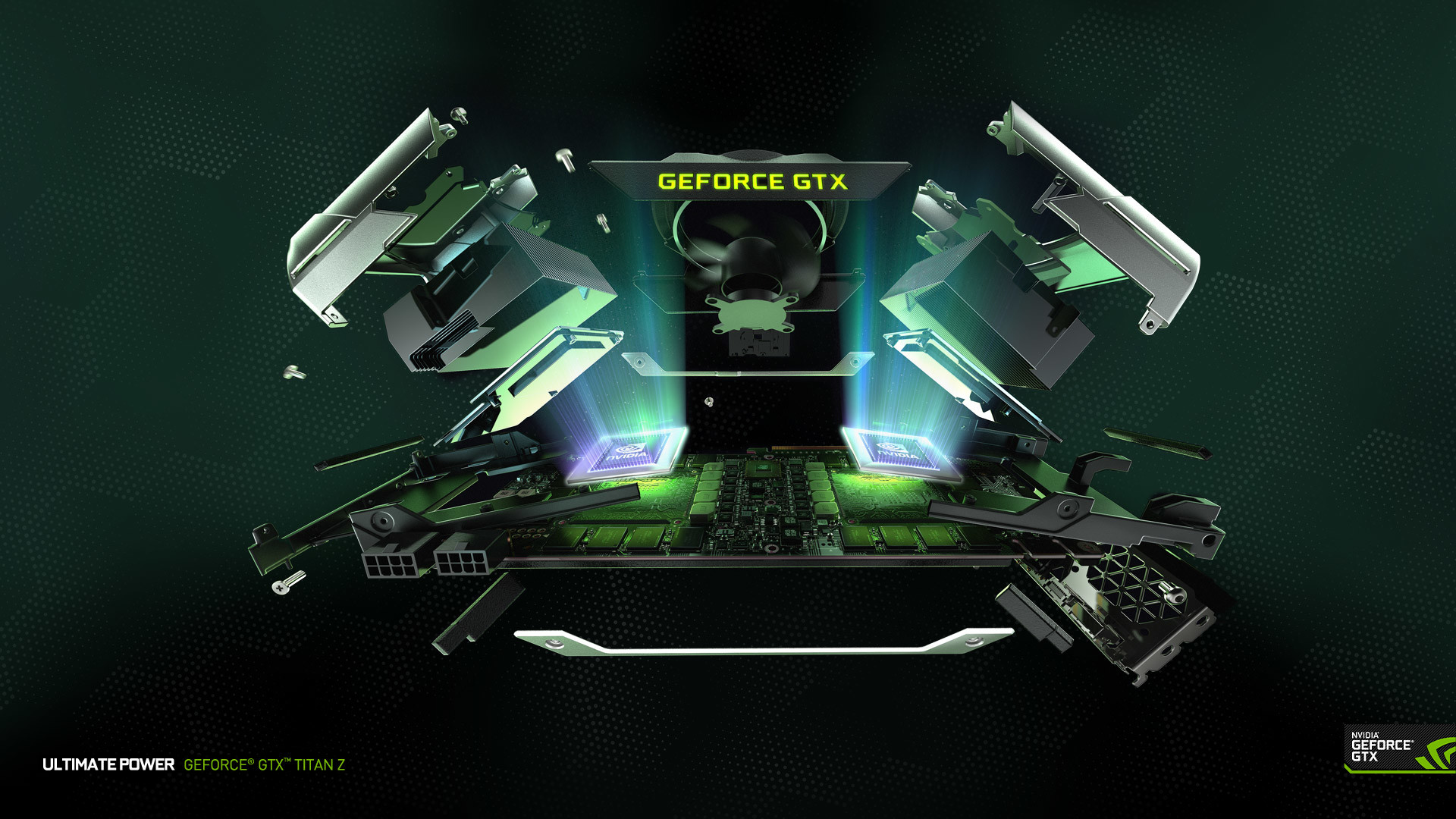 Nvidia GeForce GTX Titan Z, Scheda video, Esploso, GPU, Verde, 16:9 Full HD, sfondo widescreen