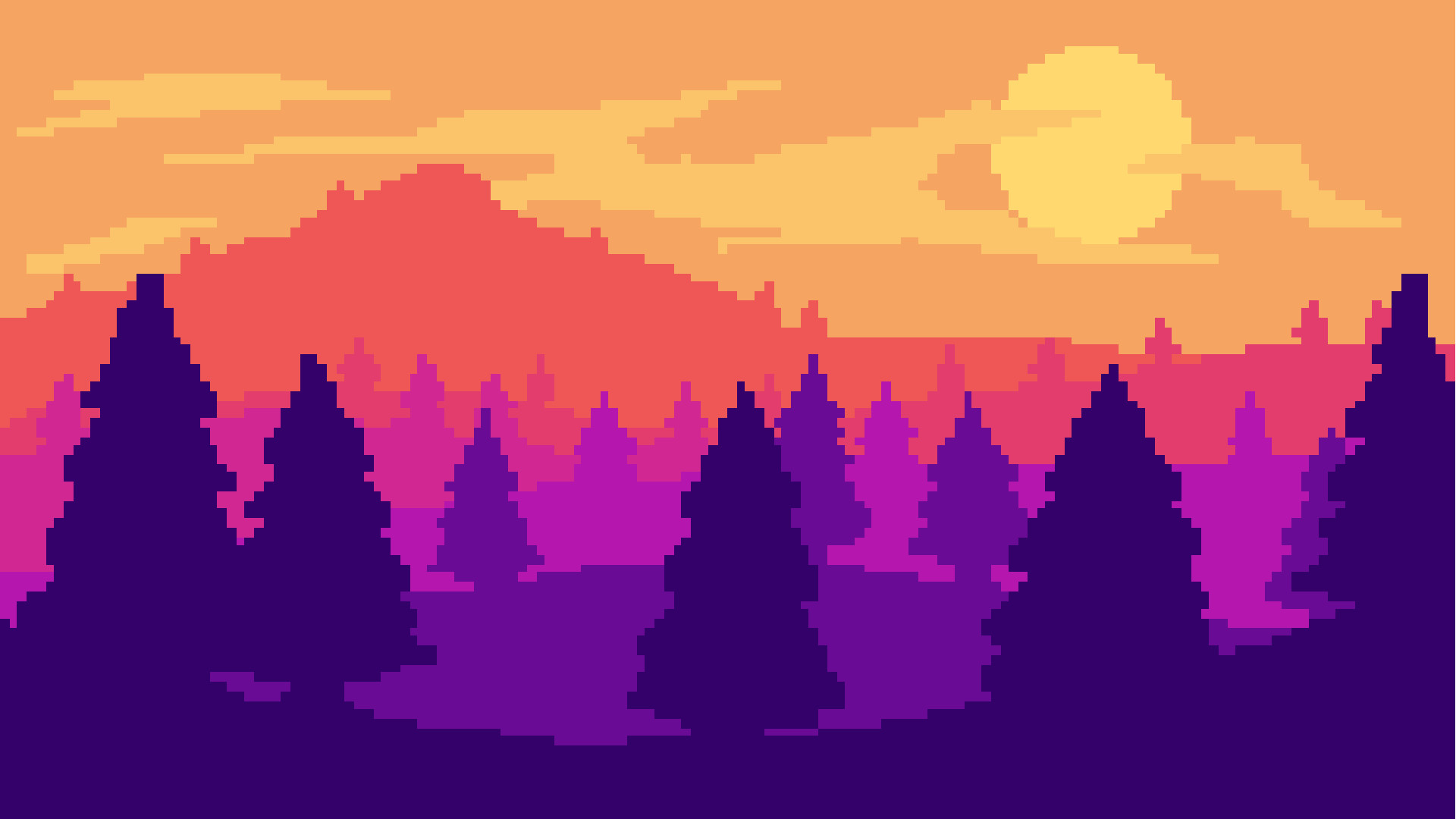 Pixel art, Foresta, Tramonto, Viola e arancione, 16:9 Full HD, sfondo widescreen