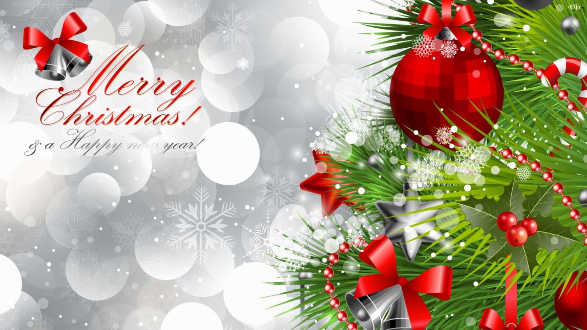 Merry Christmas, Palline di Natale, Rami di abete, Bokeh, 16:9 Full HD, sfondo widescreen