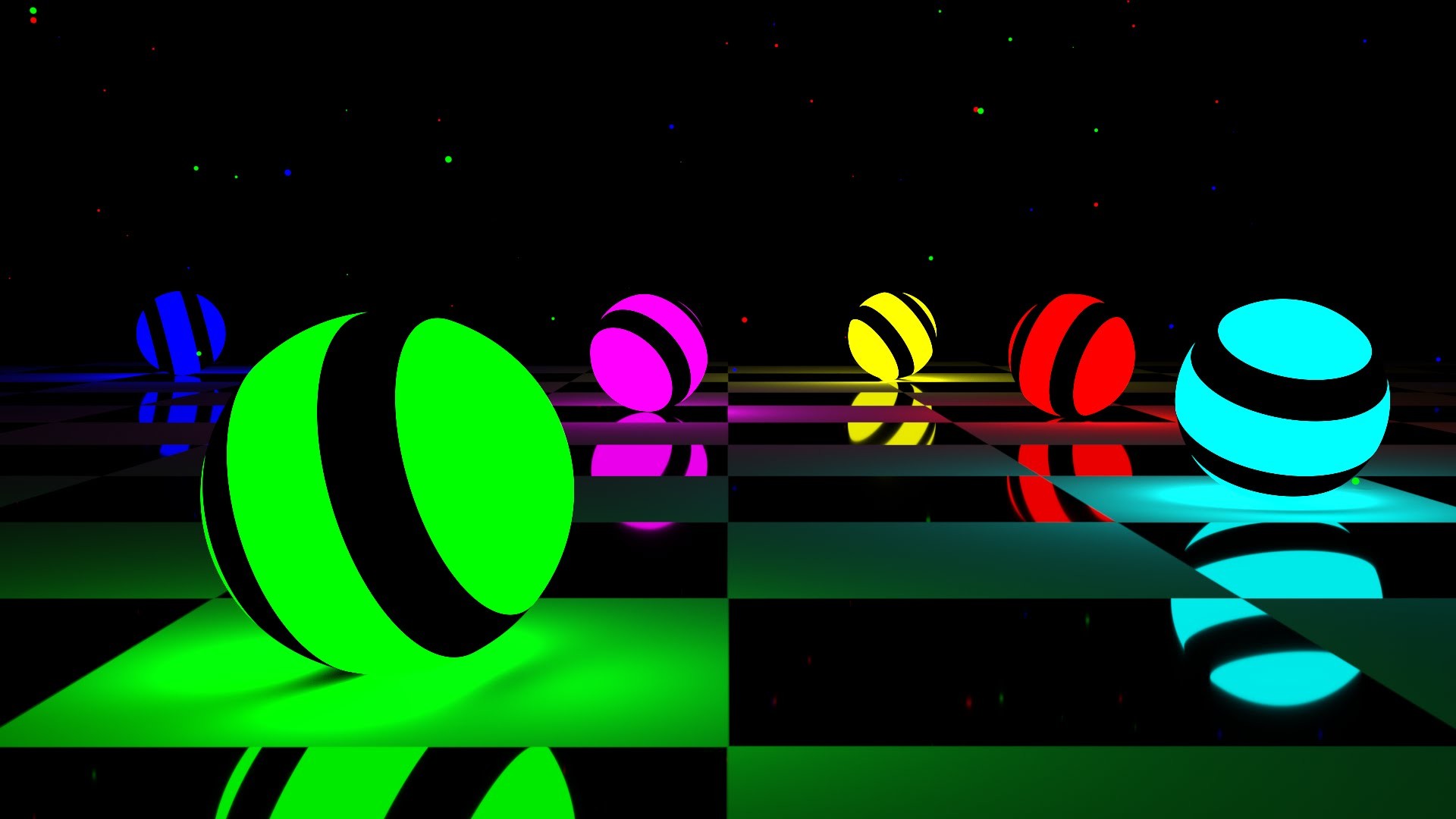 Sfere neon, Scacchiera, Rendering 3D, Sfondo nero, Full HD, wallpaper desktop