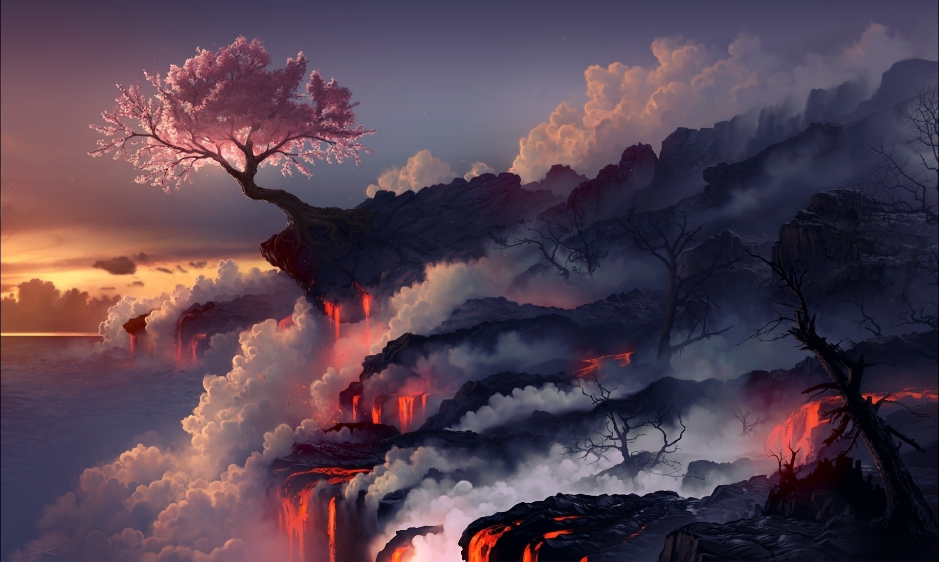 Ciliegio, Lava, Fantasy, Arte digitale, Fumo, Full HD, sfondo Windows 11
