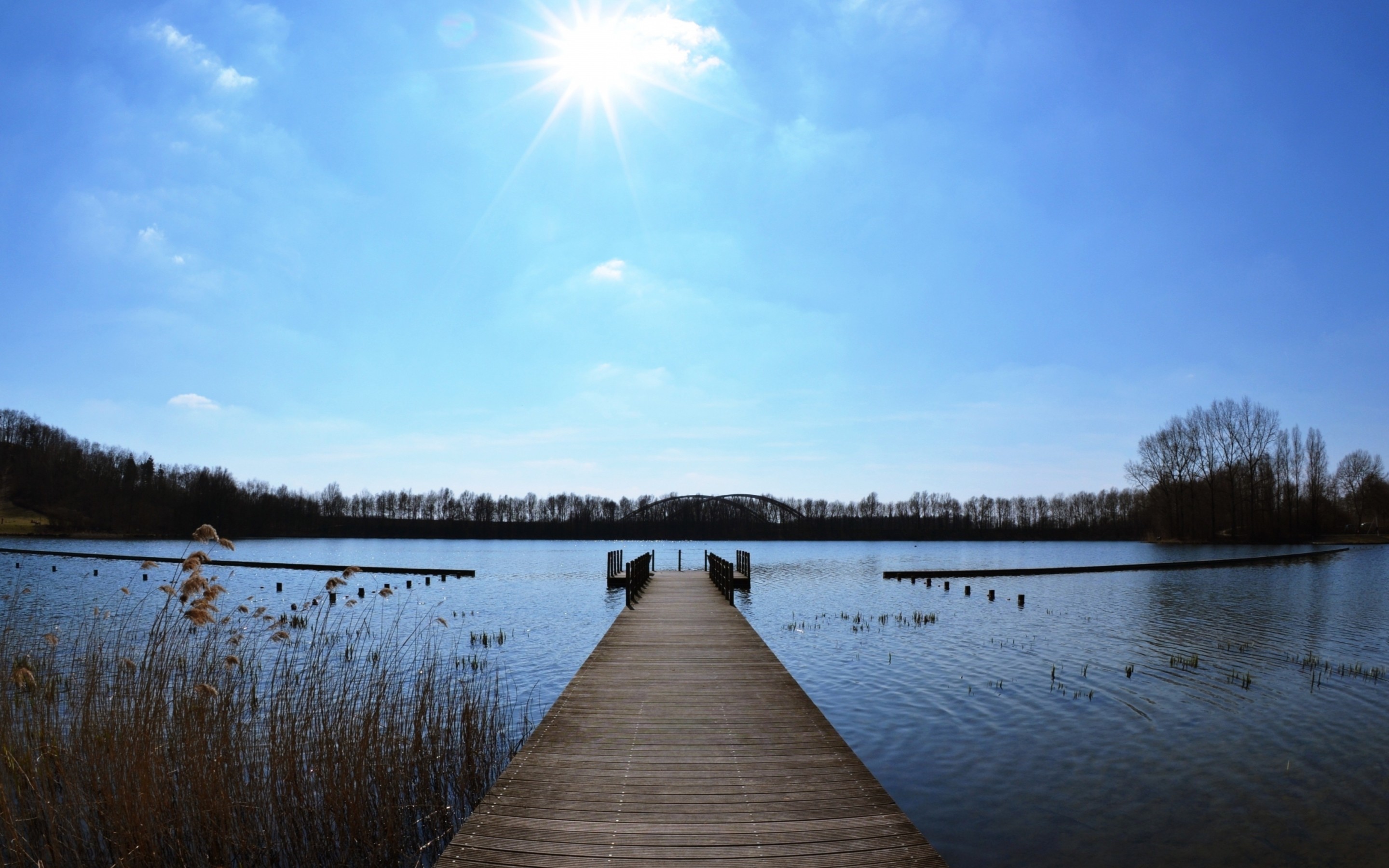 Pontile, Lago, Sole, Cielo blu, sfondo MacBook