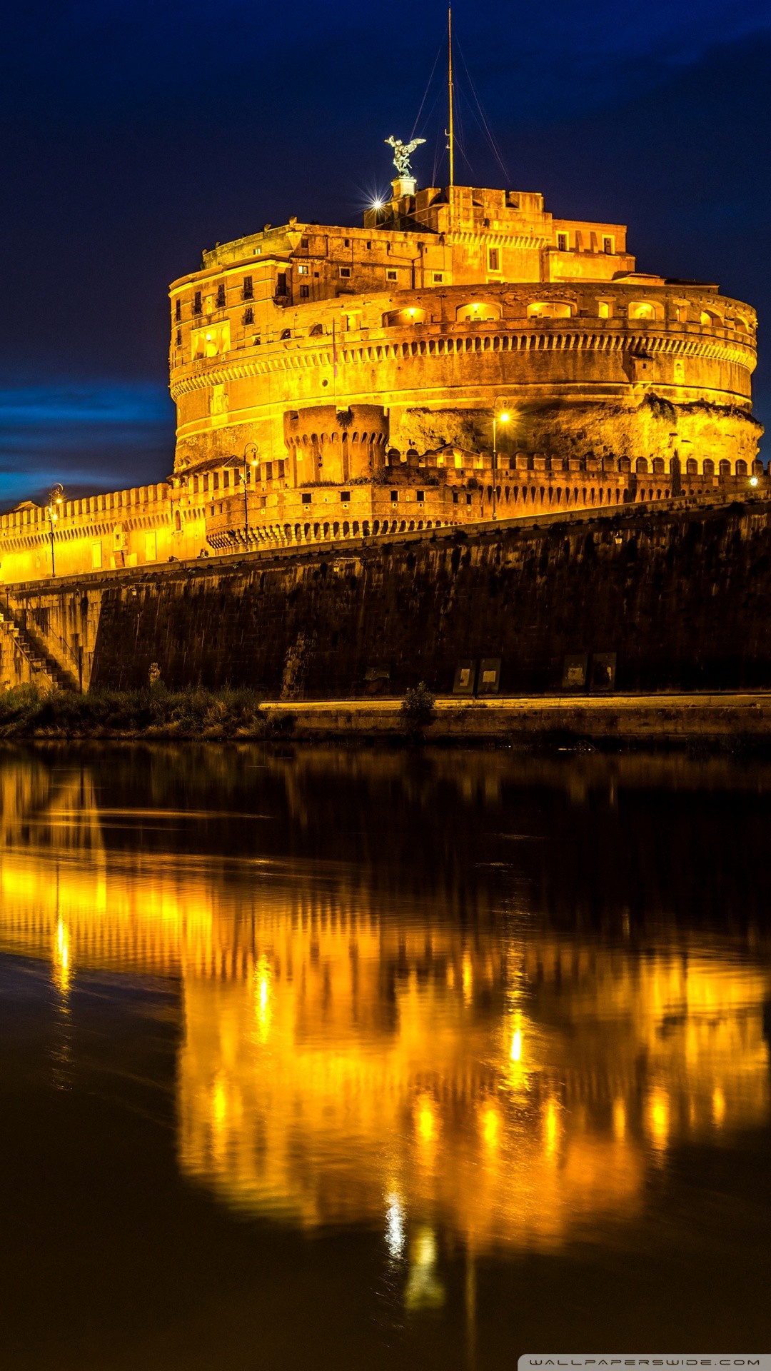 Castel Sant'Angelo, Tevere, Roma, Notte, Riflesso, Full HD, schermata di blocco del cellulare