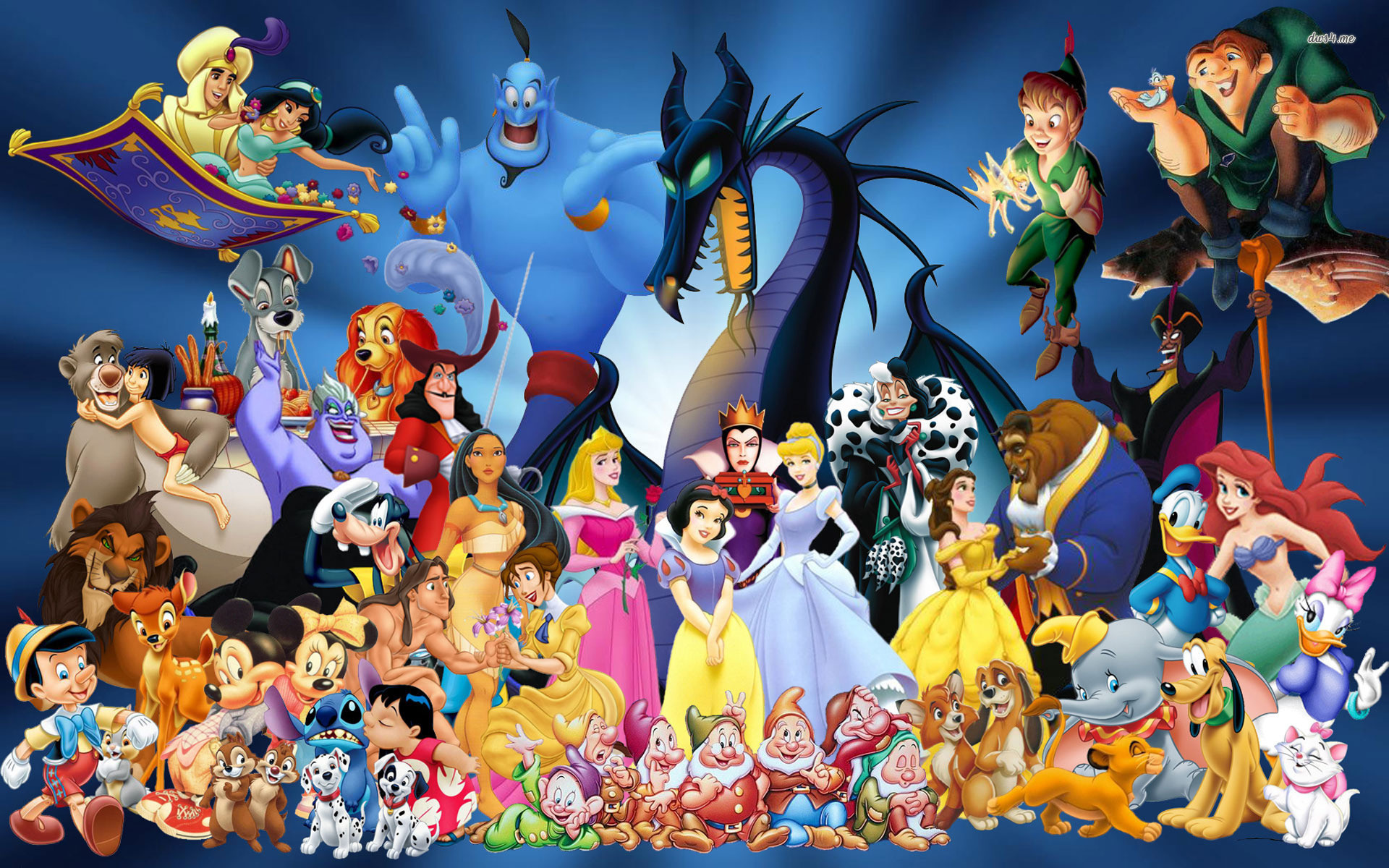 Disney, Aladdin, Malefica, Biancaneve, Peter Pan, Personaggi Disney, sfondo desktop Full HD