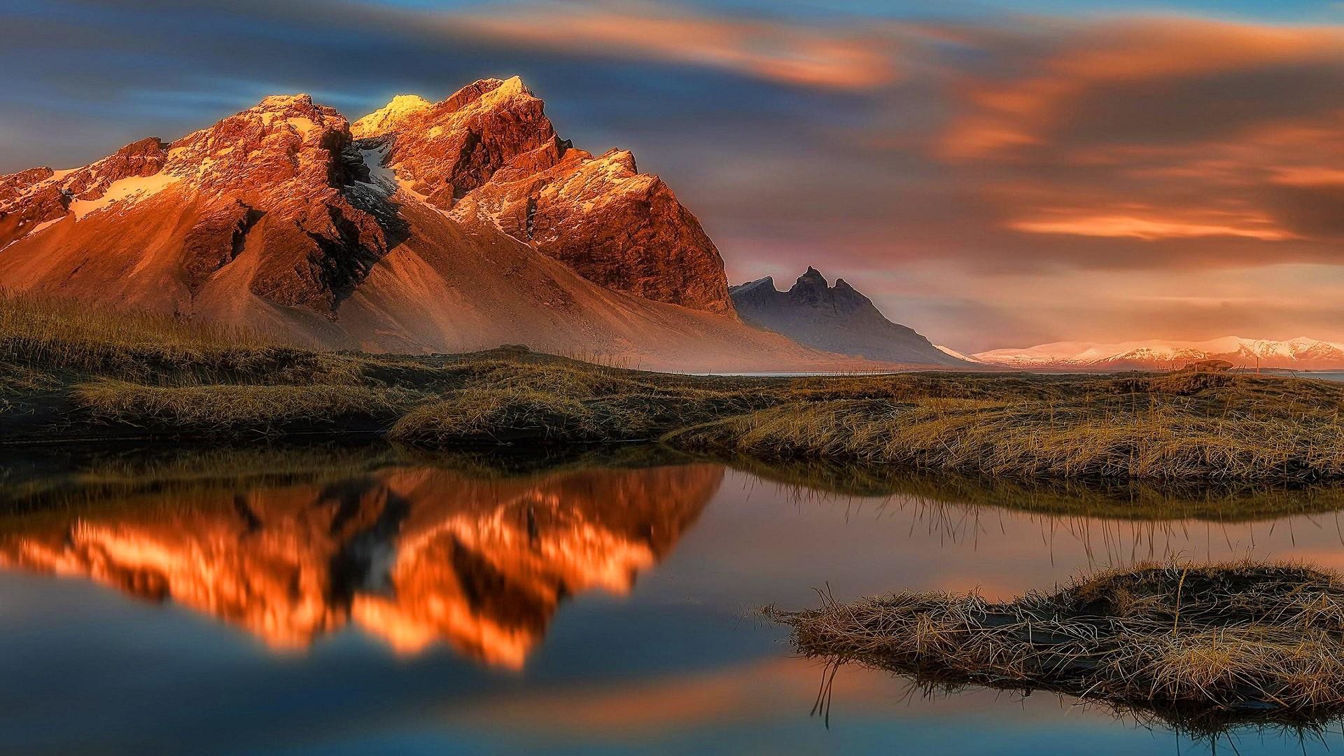 Vestrahorn, Stokksnes, Islanda, Riflesso, Tramonto, Full HD, sfondo per PC