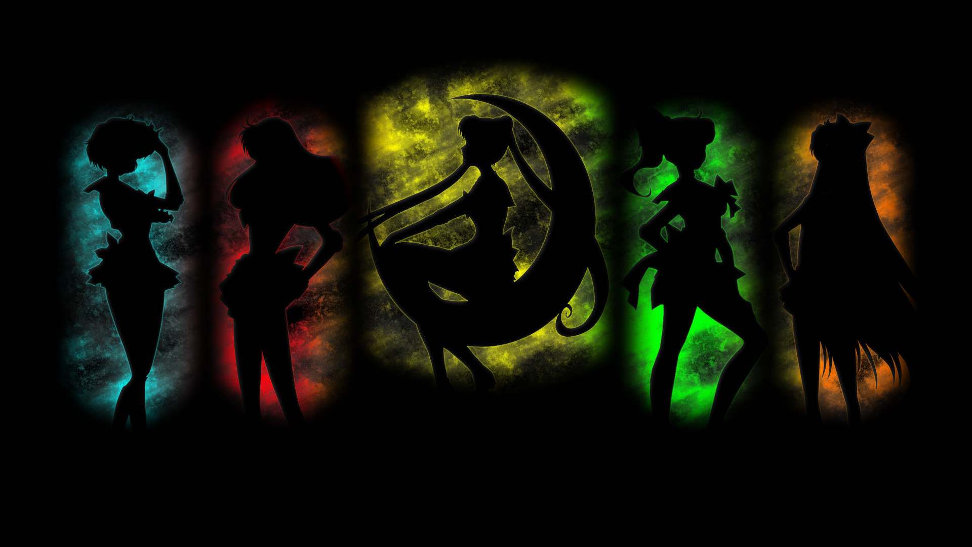 Sailor Senshi, Silhouette, Sailor Moon, Sfondo nero, Full HD, wallpaper per PC