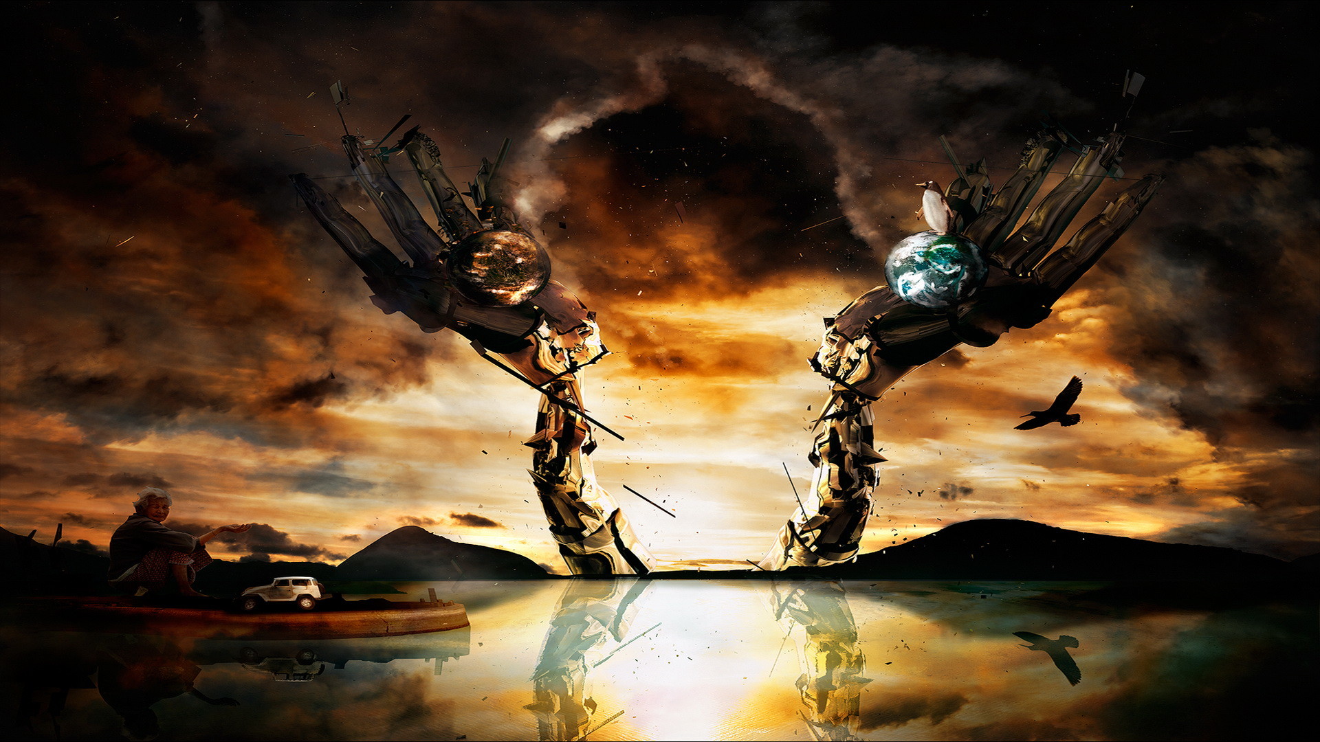 Arte surreale, Tramonto, Lago, Uccelli, Fantasy, Full HD, sfondo desktop