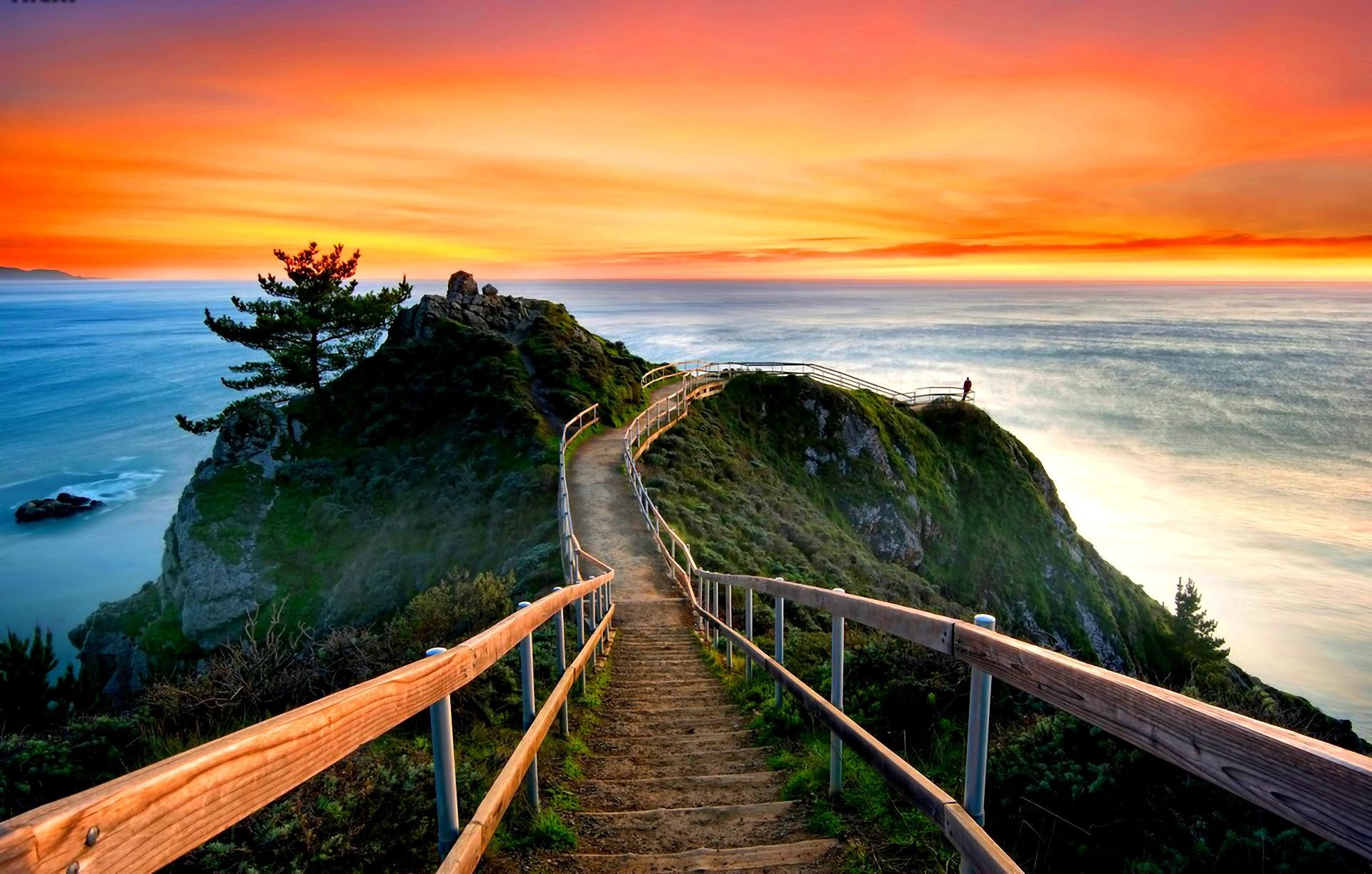 Sentiero, Costa, Tramonto, Oceano Pacifico, Full HD, sfondo desktop