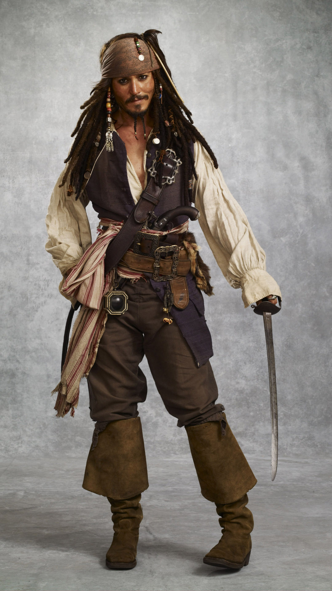 Jack Sparrow, Johnny Depp, Pirati dei Caraibi, Figura intera, Spada, sfondo schermata Home