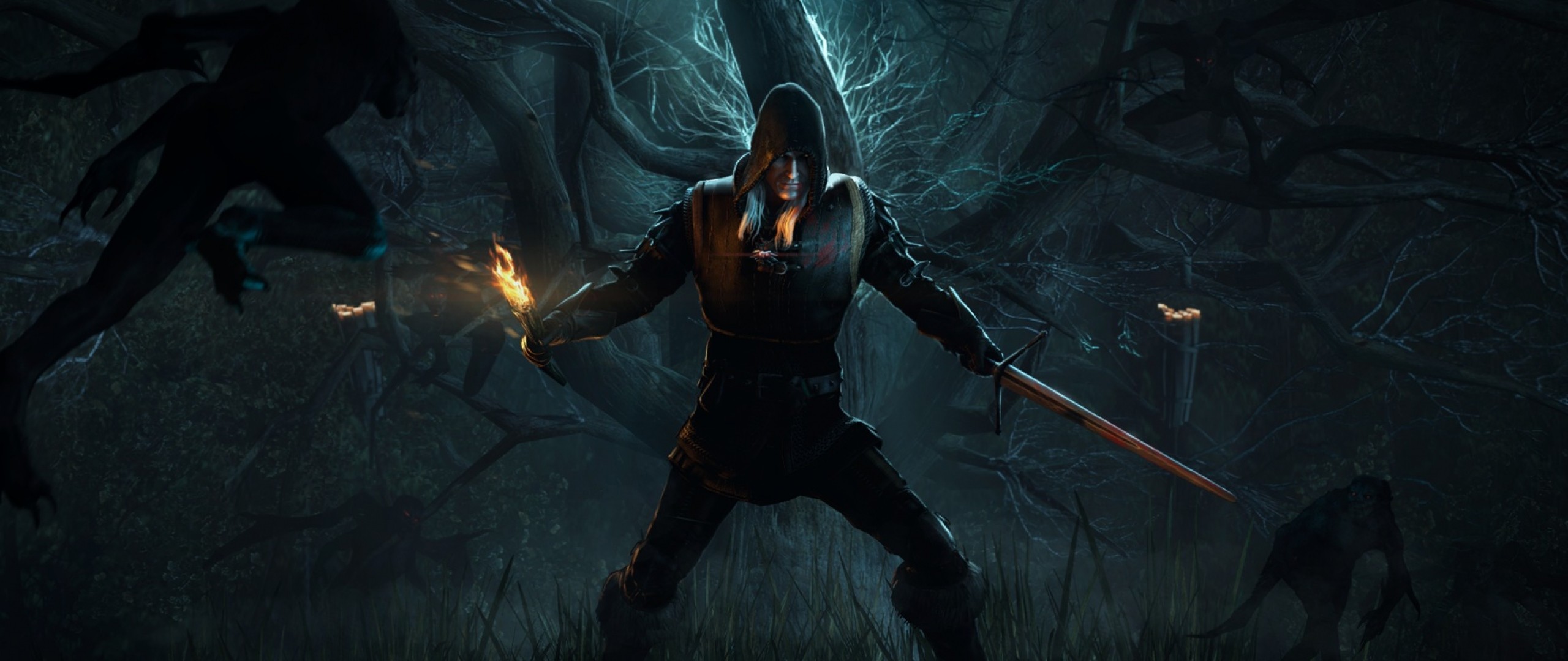 Geralt di Rivia, The Witcher 3: Wild Hunt, Foresta oscura, Spada, sfondo desktop 2560x1080