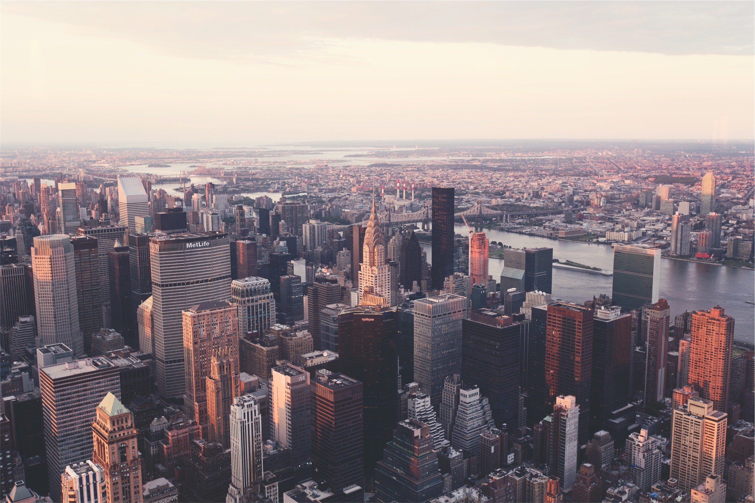 Manhattan, New York, Vista aerea, Grattacieli, Tramonto, Full HD, sfondo per portatile