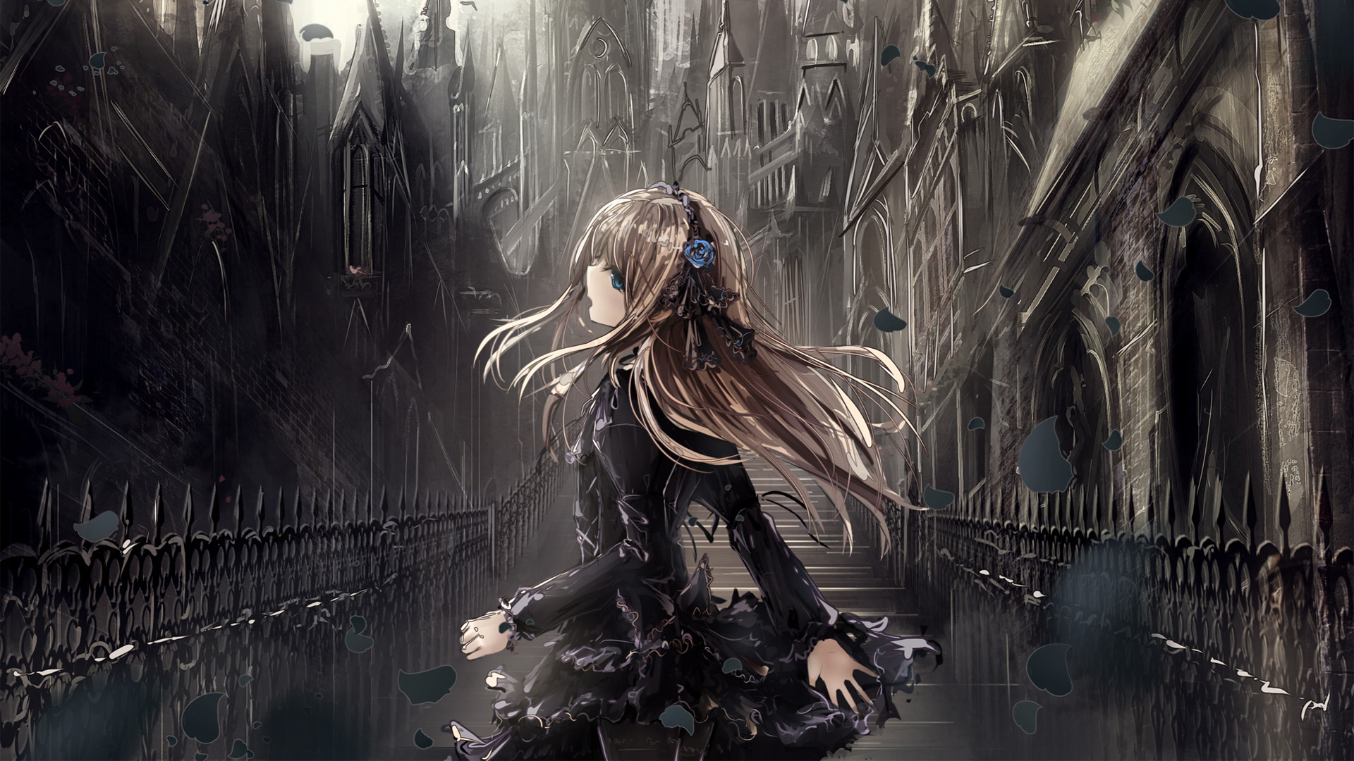 Ragazza anime, Lolita gotica, Cattedrale, Toni grigi, 1920x1080, immagine di sfondo