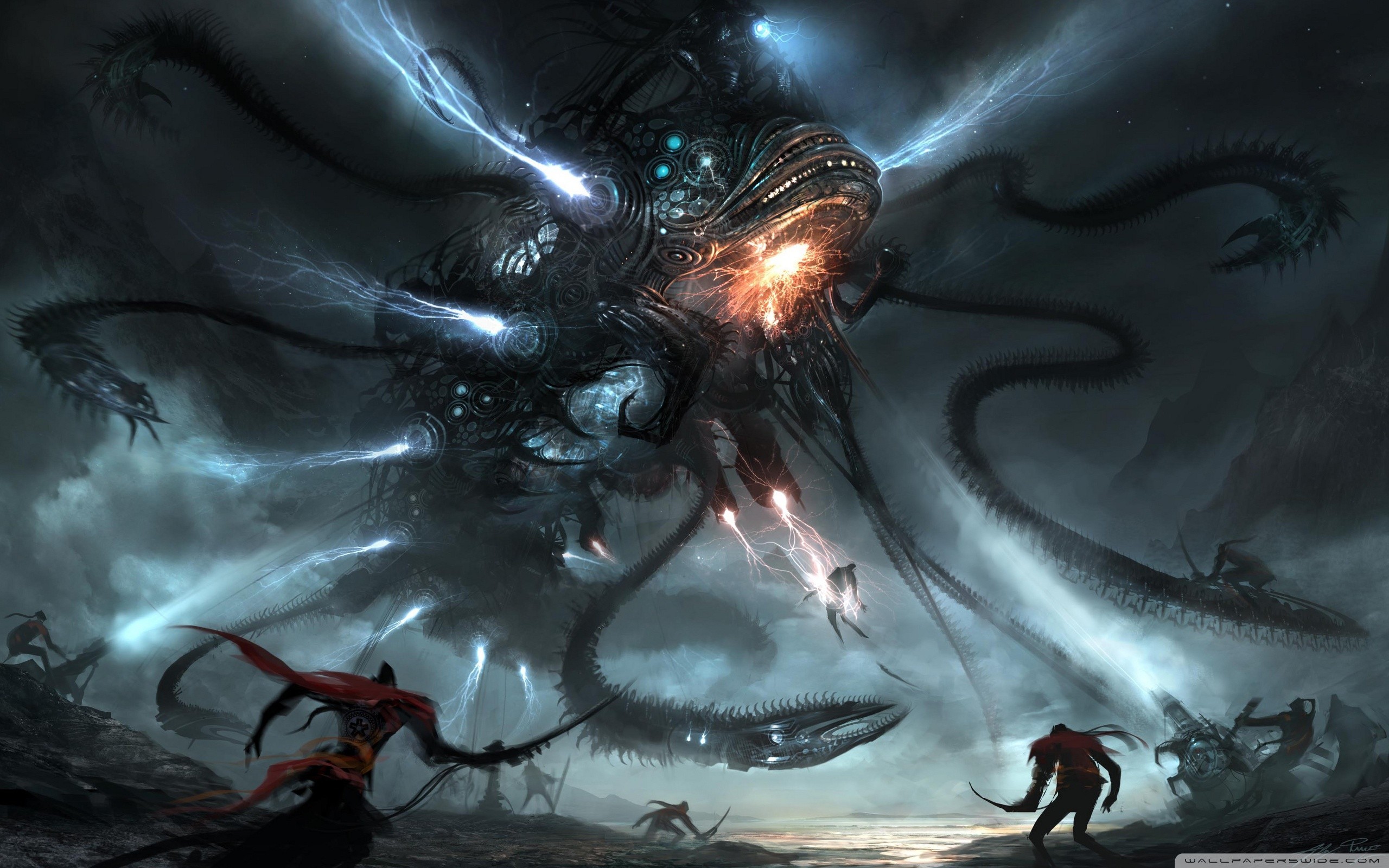 Mostro marino, Tempesta, Fantasy, Battaglia, 2560x1600, wallpaper desktop