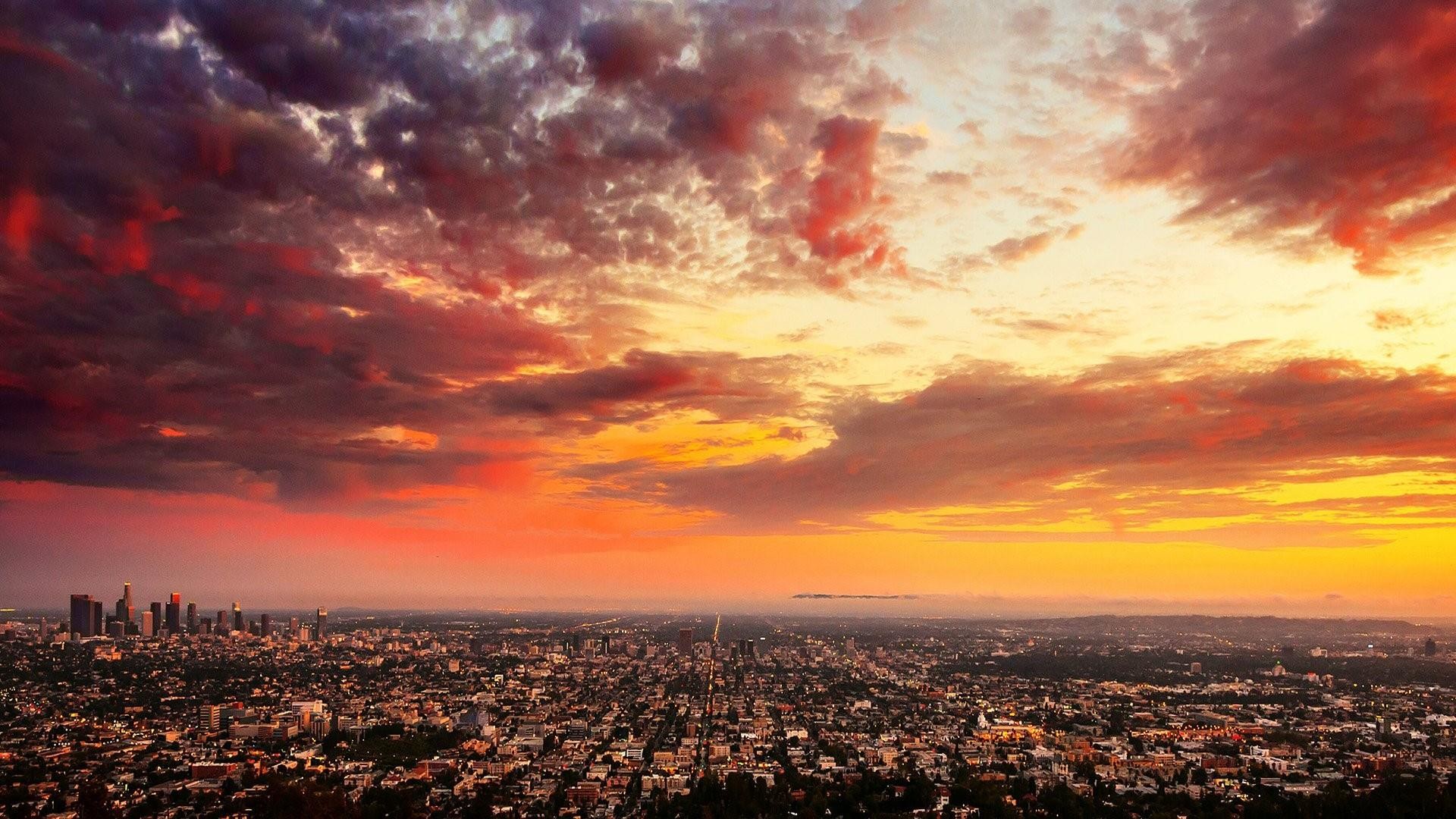 Los Angeles, Tramonto, Cielo rosso, Panorama, 1920x1080, immagine di sfondo