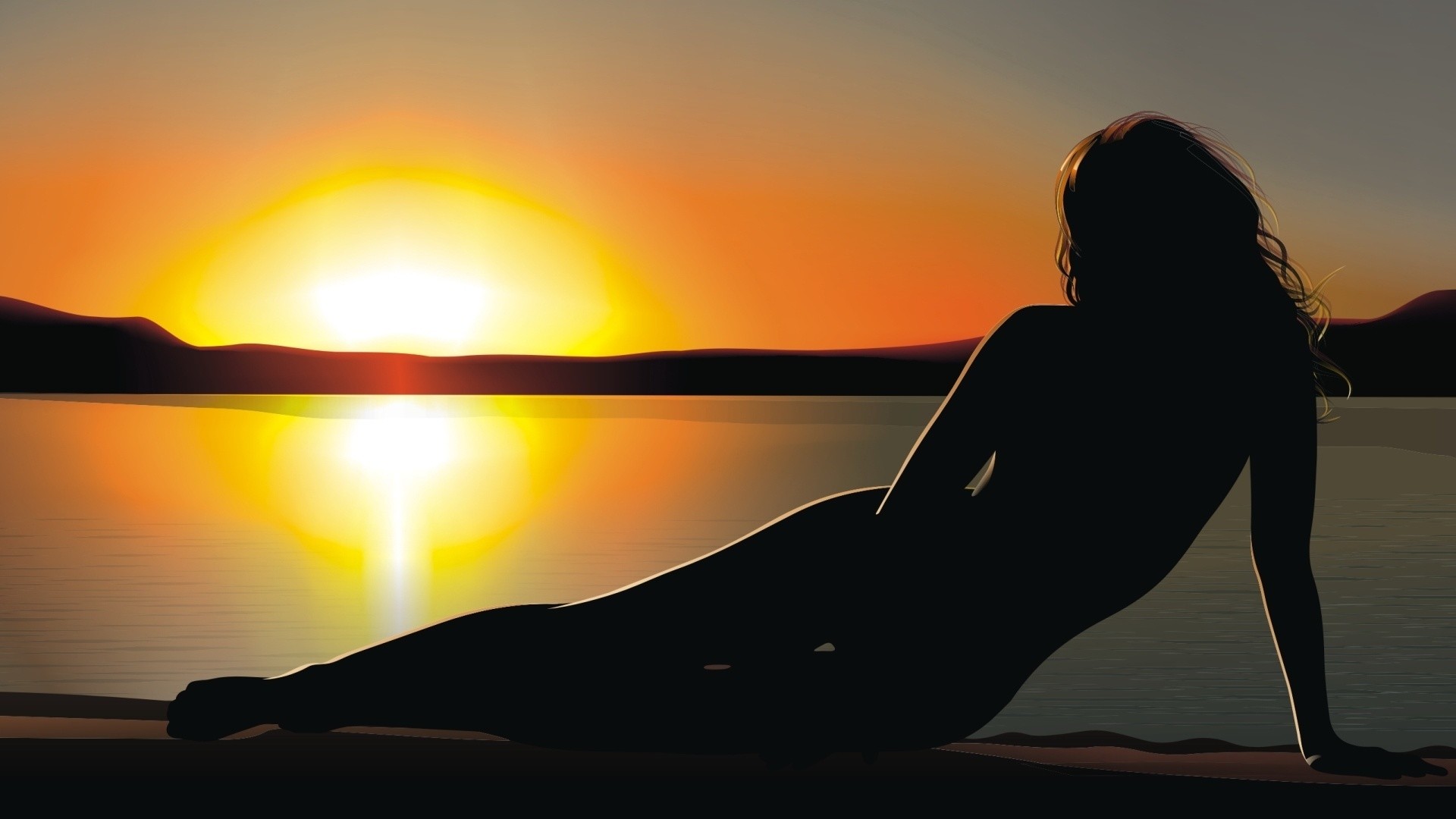 Silhouette, Donna, Tramonto, Lago, 1920x1080, sfondo per PC