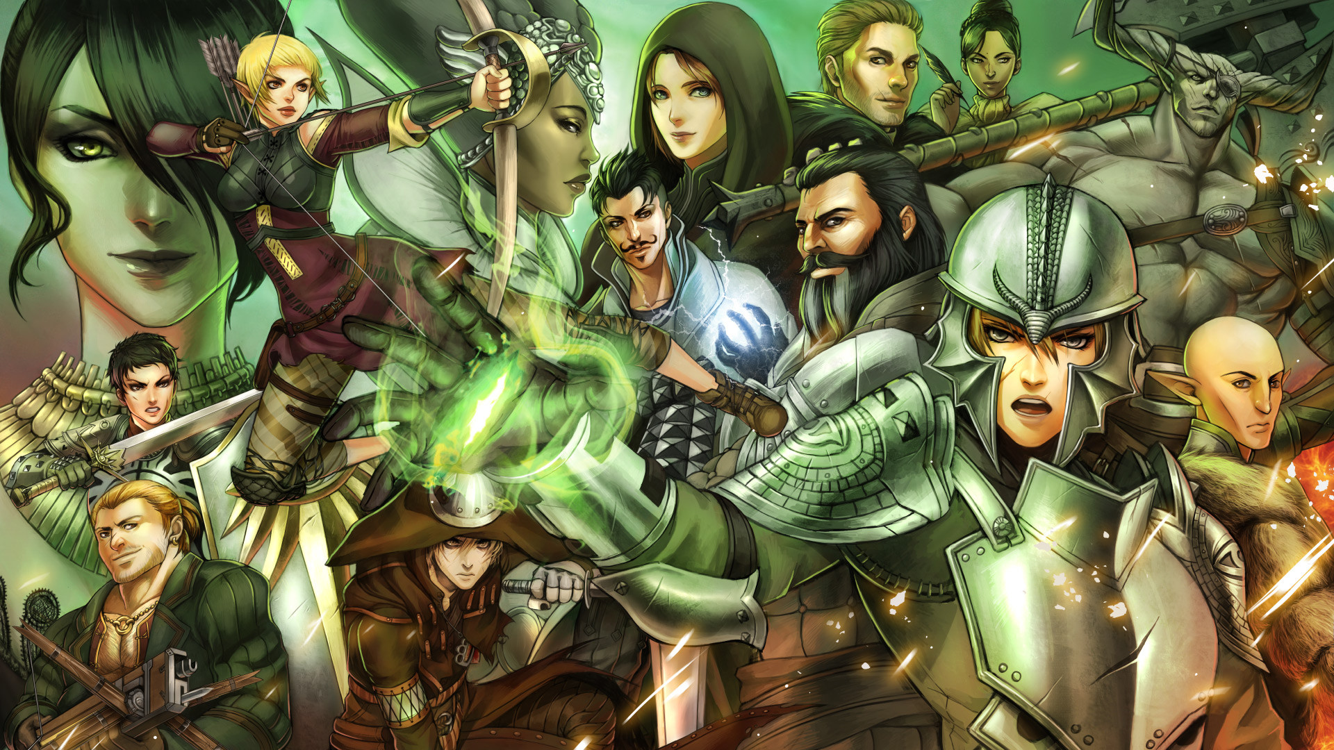 Dragon Age: Origins, Compagni, Morrigan, Alistair, Fan art, Battaglia, sfondo 16:9 Full HD