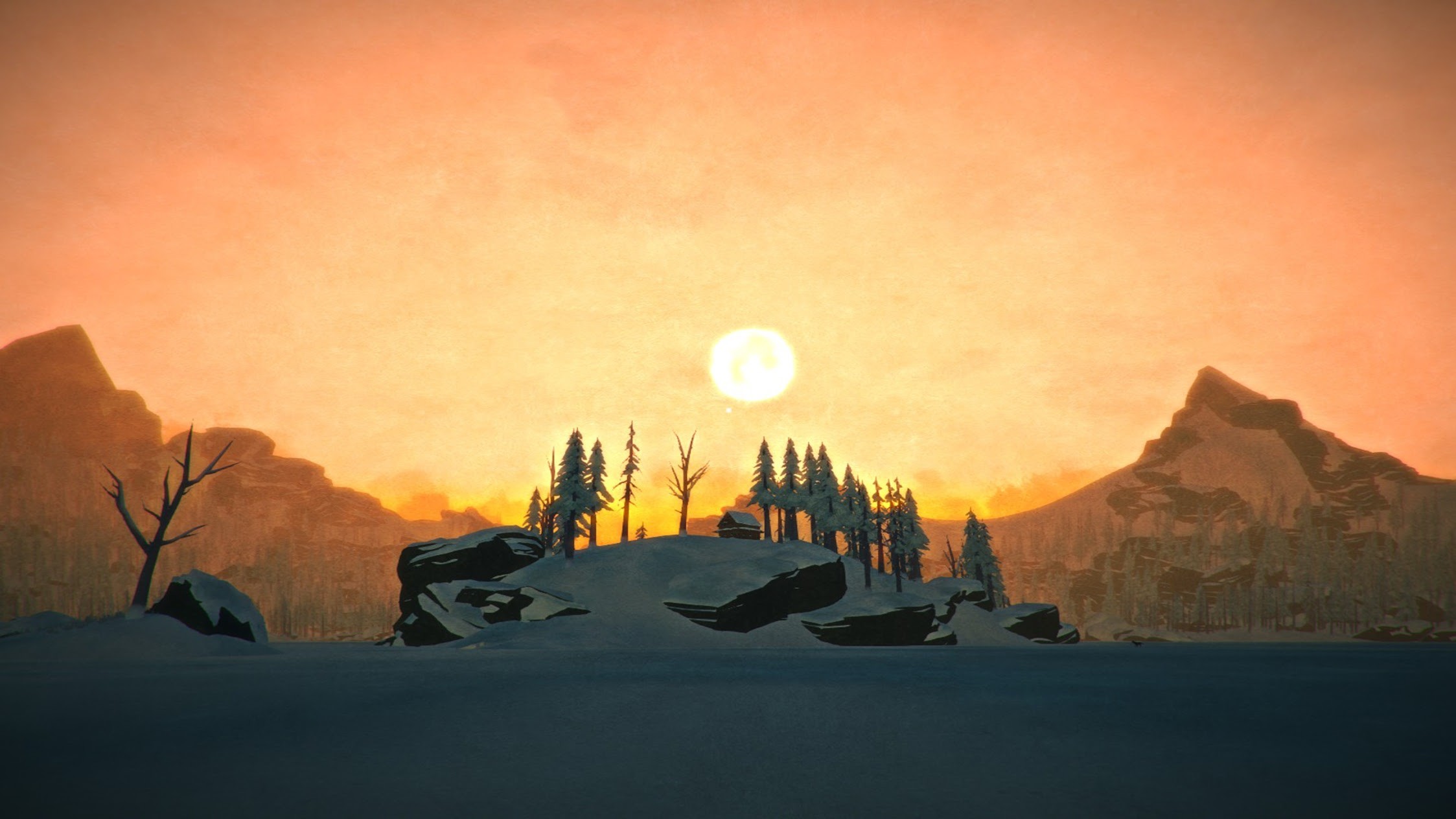 Tramonto, Montagne, Alberi, Flat design, 16:9 Full HD, sfondo widescreen