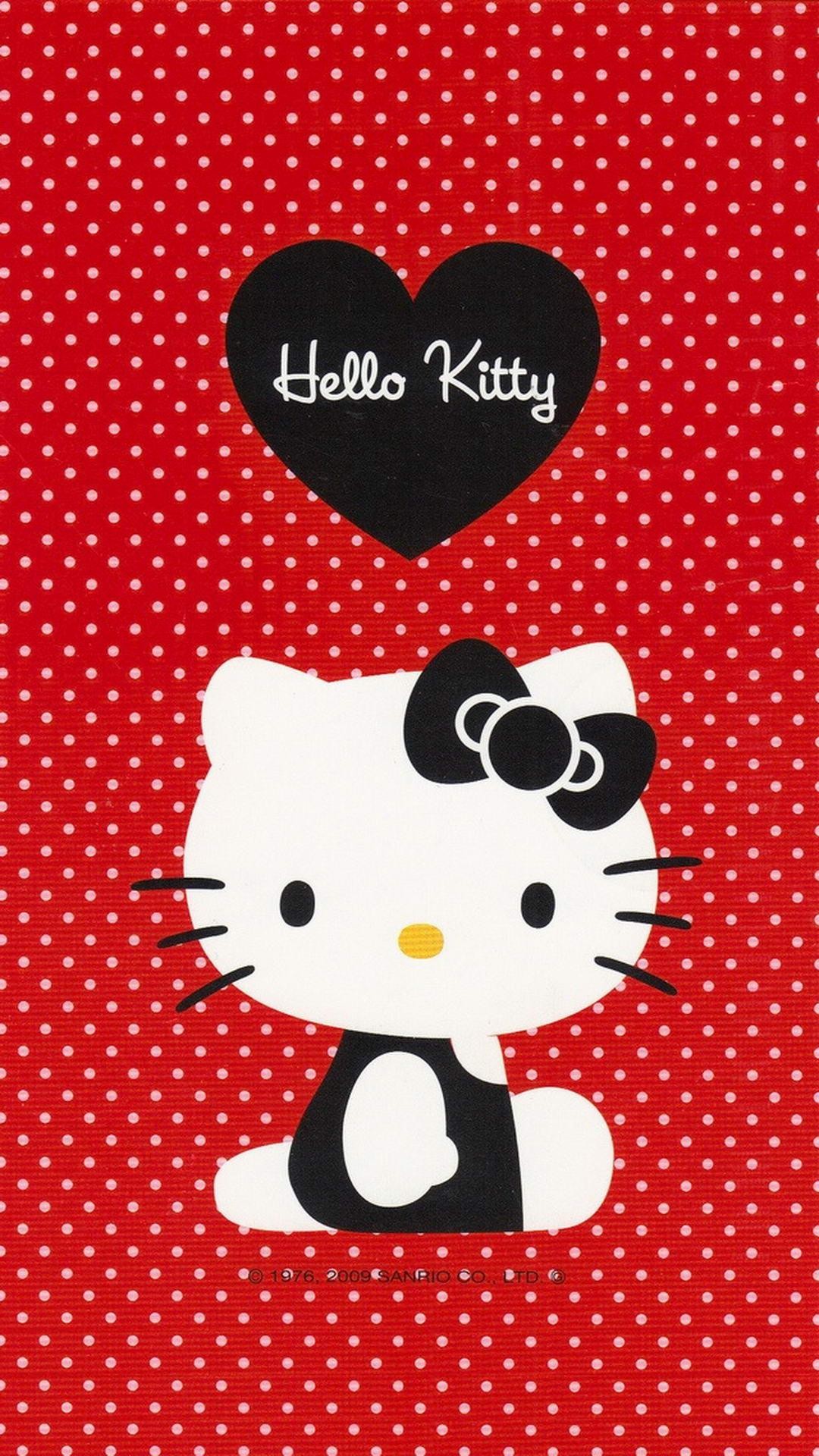 Hello Kitty, Cuore nero, Pois rossi, Bianco e nero, Kawaii, 1080x1920, schermata di blocco iPhone