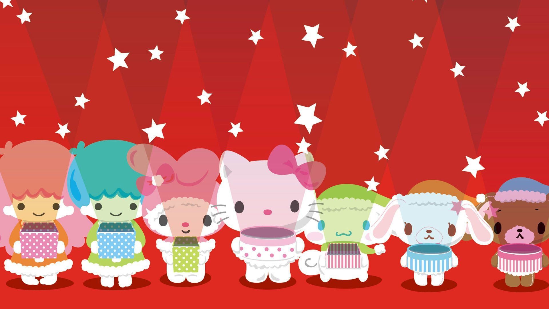 Hello Kitty, Personaggi Sanrio, Stelle, Rosso, Gruppo, Full HD, sfondo per PC