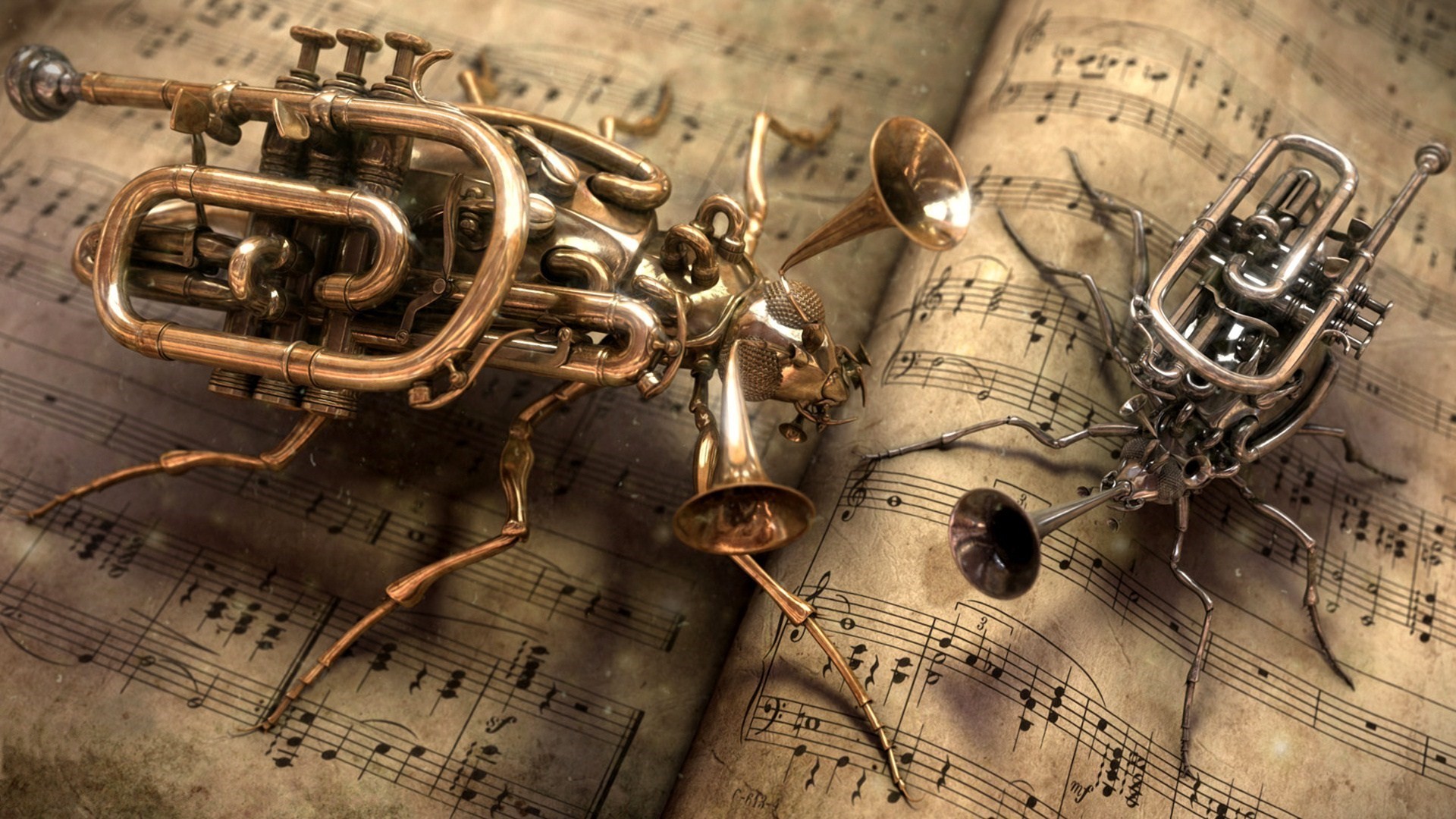 Strumenti a fiato, Insetti meccanici, Steampunk, Spartito, Surrealismo, sfondo Full HD per portatile