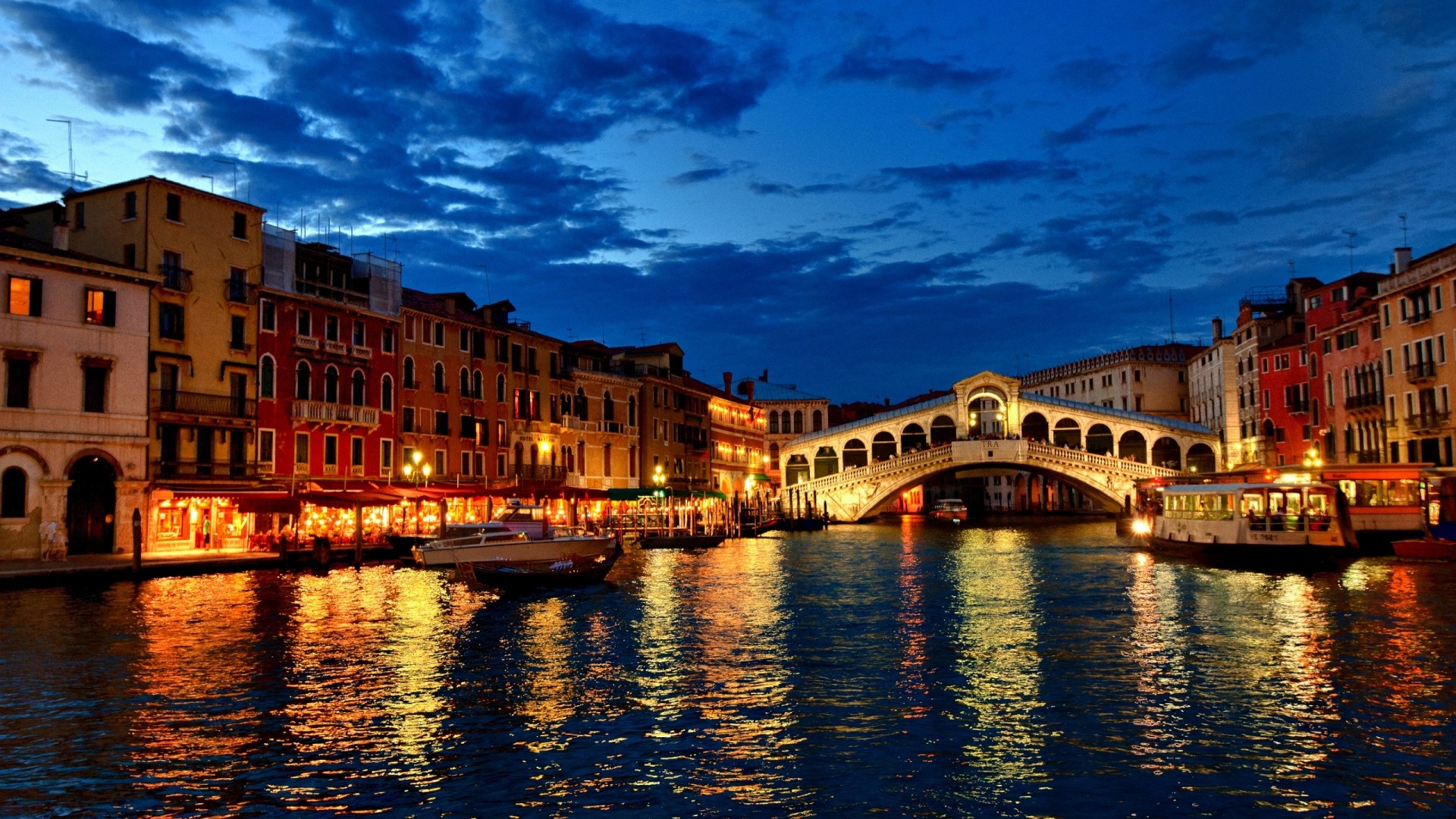 Ponte di Rialto, Canal Grande, Venezia, Notte, Luci, Full HD, sfondo per portatile