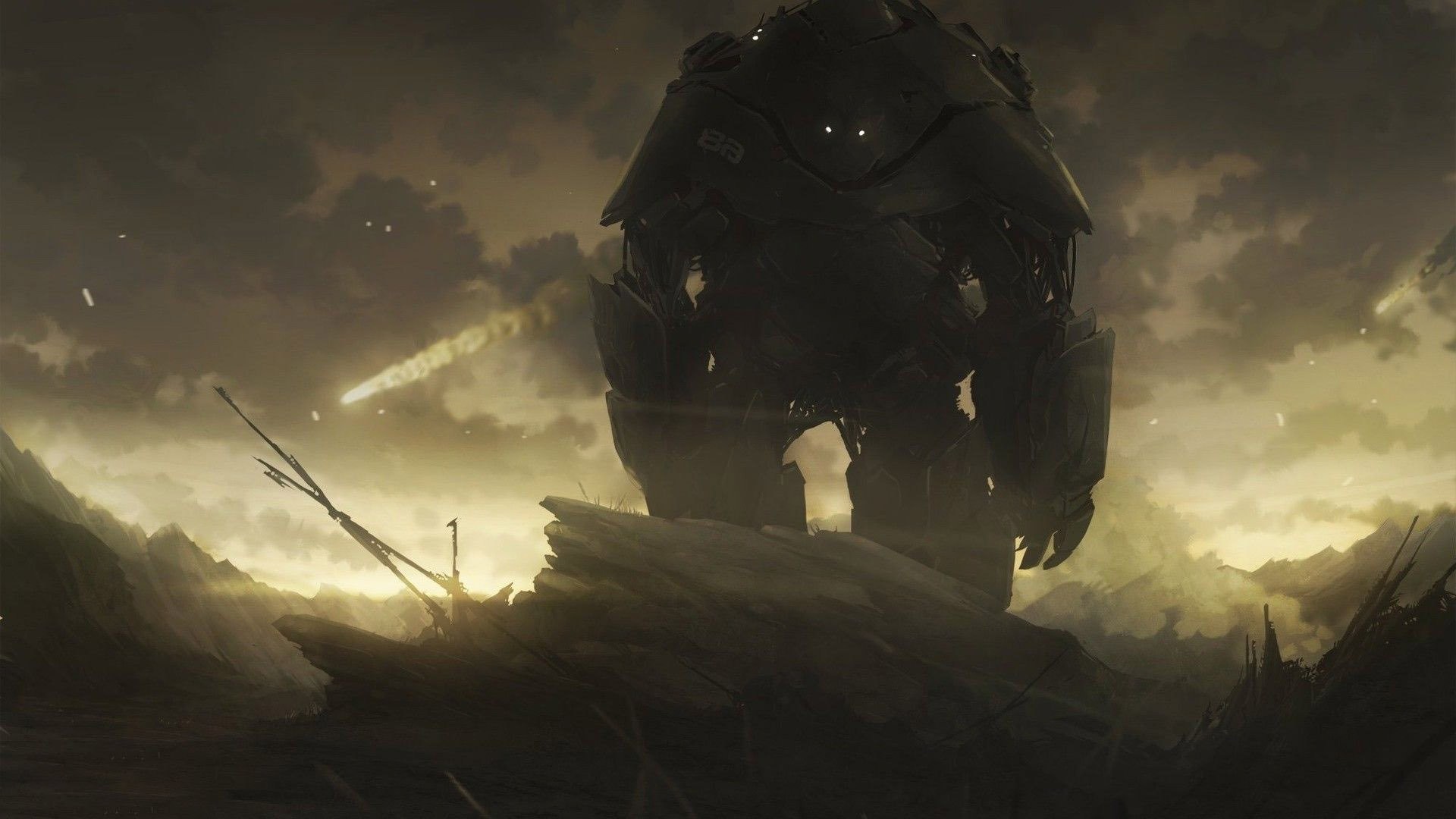 Robot gigante, Rovine, Arte concettuale, Nuvole, Full HD, wallpaper per PC