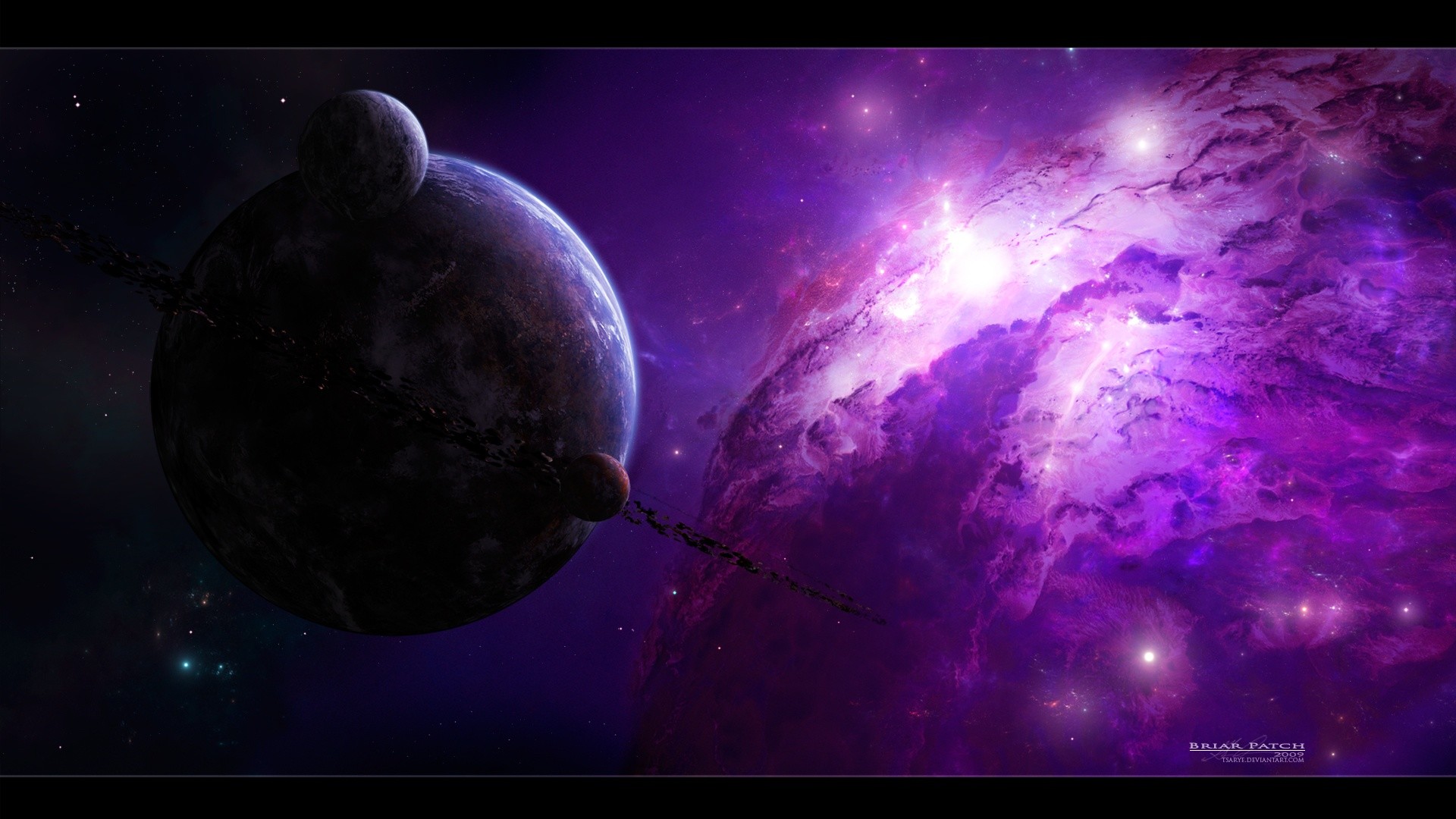 Pianeti, Nebulosa viola, Spazio, Arte digitale, Full HD, sfondo per portatile