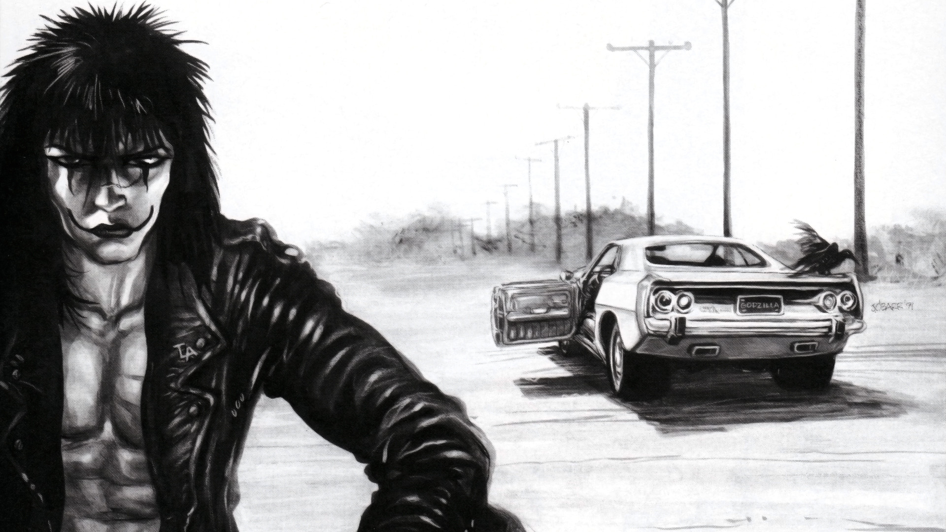 Eric Draven, Il corvo, Disegno a matita, Auto, Bianco e nero, Full HD 1080p, sfondo desktop