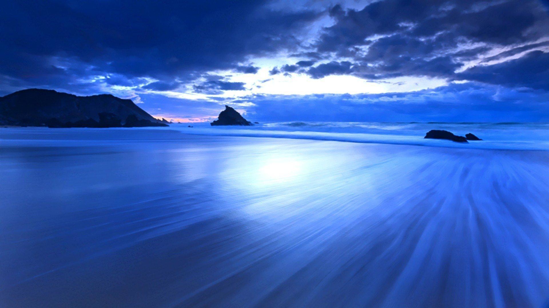 Spiaggia, Lunga esposizione, Blu, Crepuscolo, Scogli, Full HD, sfondo per desktop