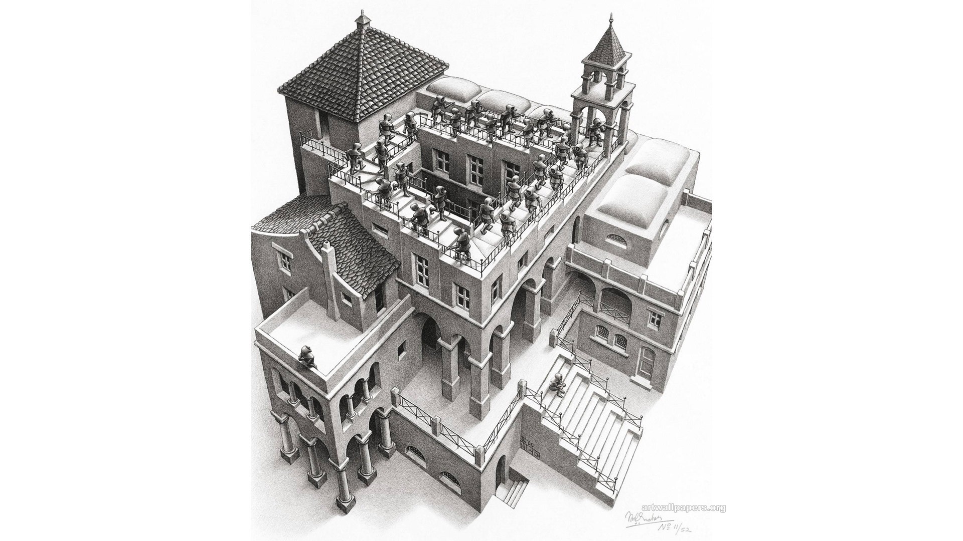 Salita e discesa, M. C. Escher, Litografia, Illusione ottica, 1920x1080, immagine di sfondo