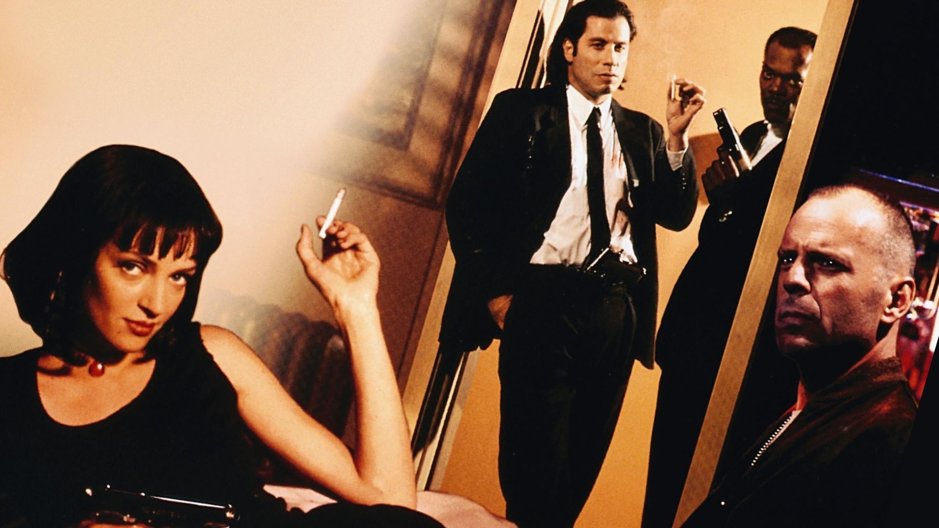 Pulp Fiction, Uma Thurman, John Travolta, Bruce Willis, Collage, sfondo desktop 1920x1080