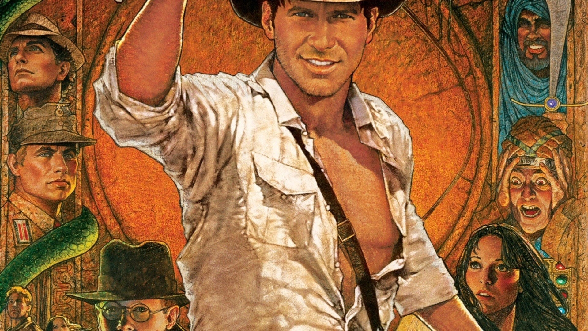 Indiana Jones, Harrison Ford, I predatori dell'arca perduta, Locandina dipinta, sfondo 1080p