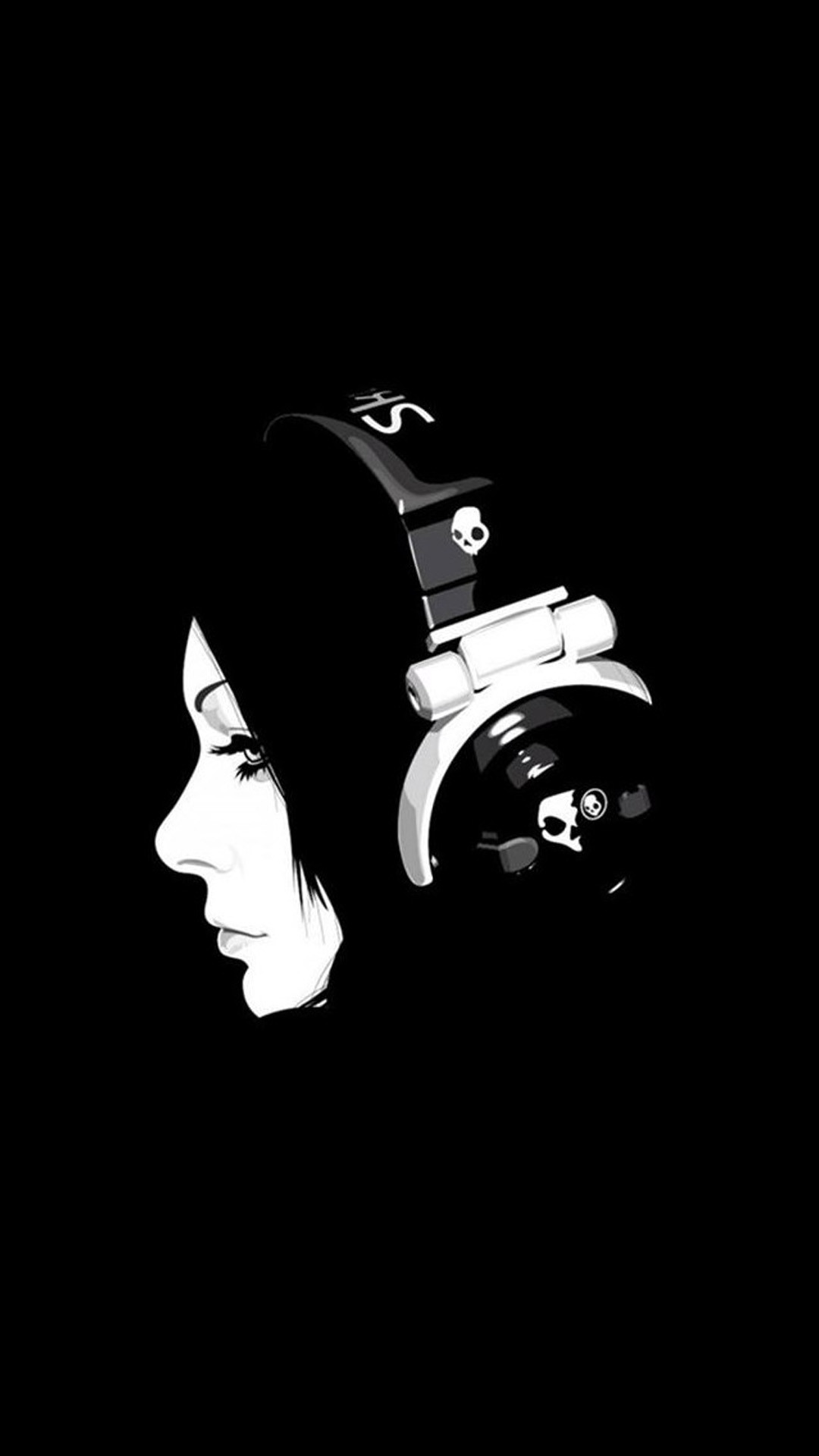 Ragazza, Cuffie, Silhouette, Sfondo nero, Bianco e nero, Full HD, schermata di blocco del cellulare