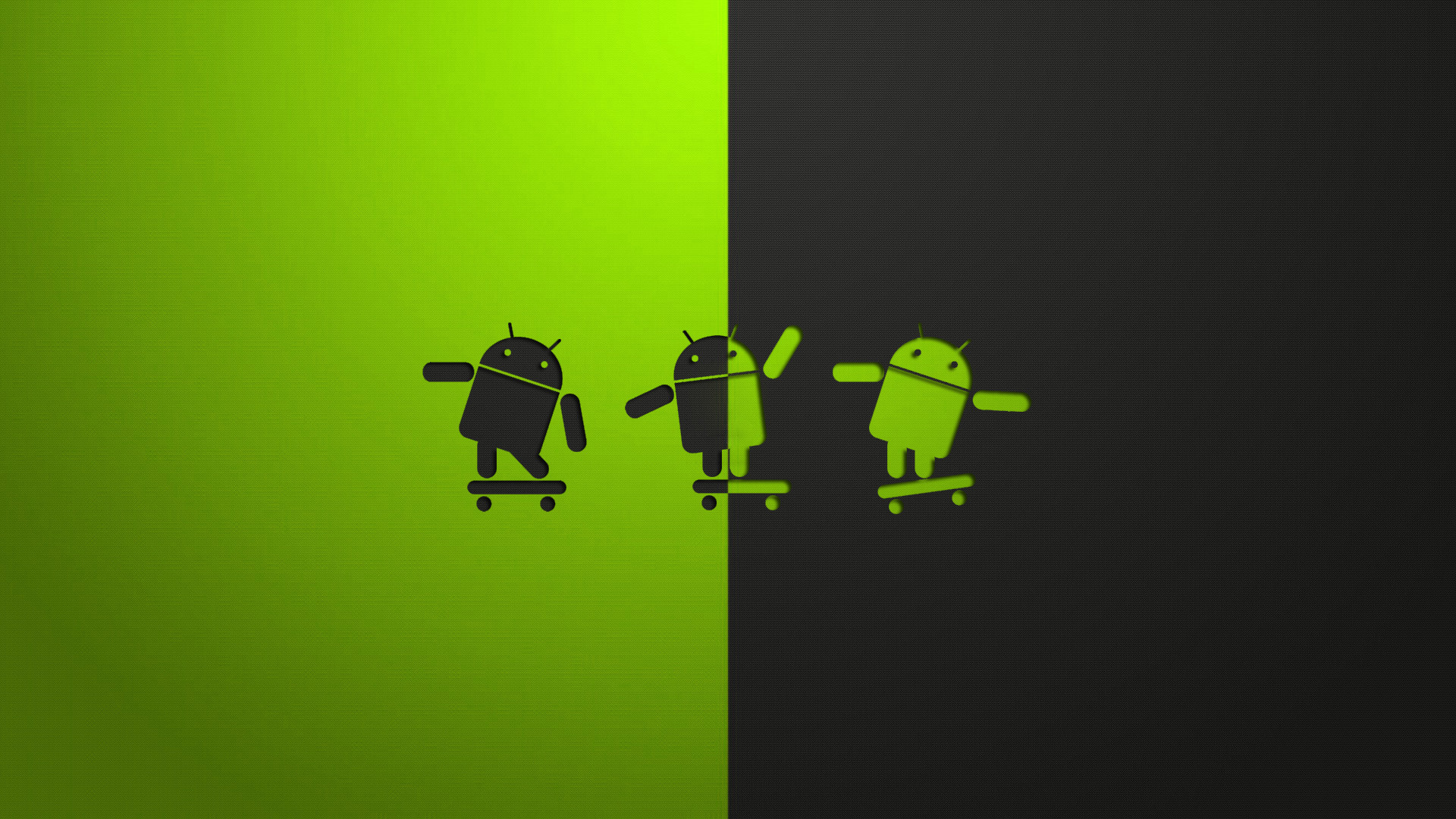 Android, Bugdroid, Skateboard, Sfondo verde, Minimalista, 16:9 Full HD, wallpaper widescreen