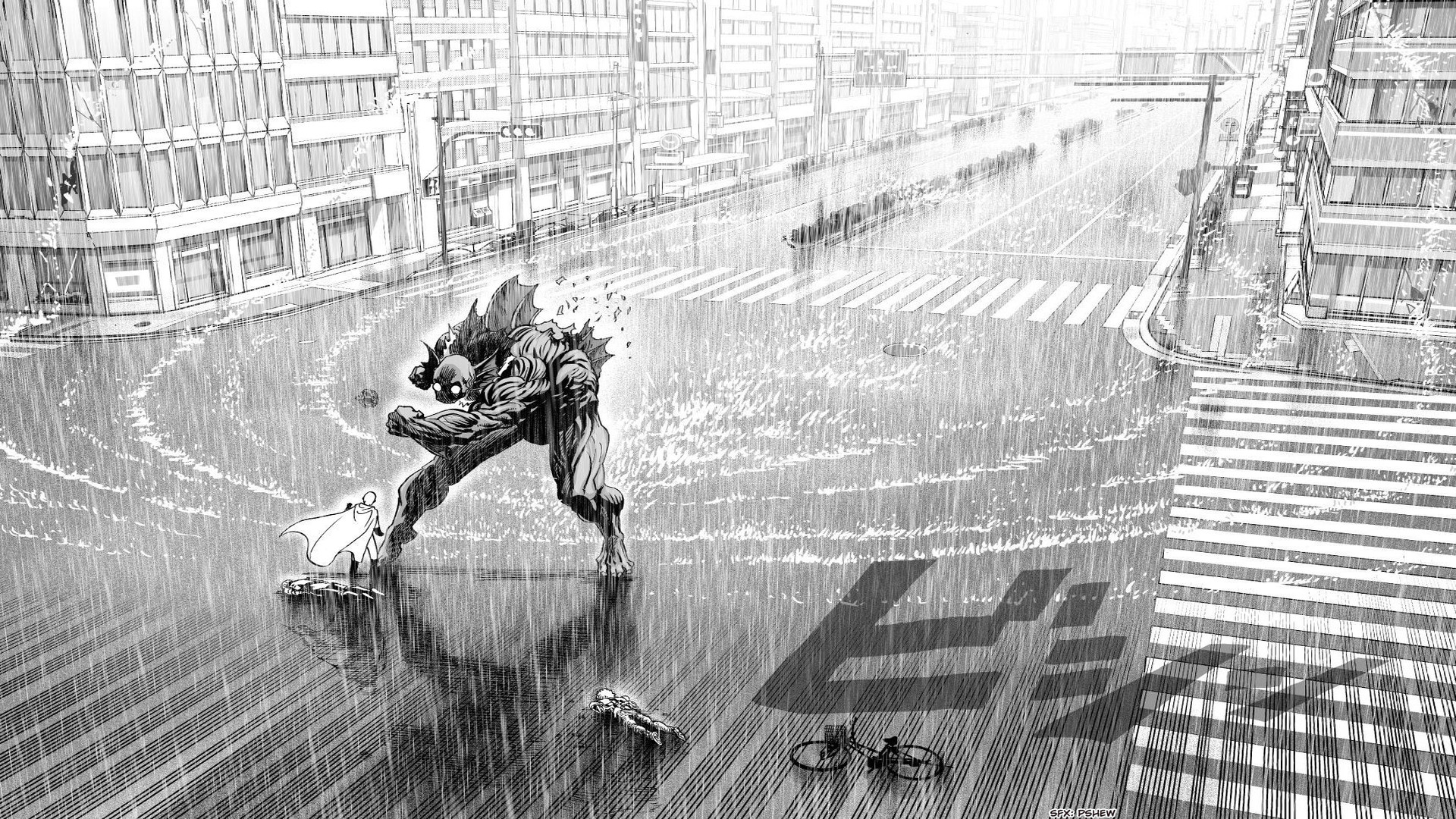 One Punch Man, Mostro, Città, Pioggia, Bianco e nero, 1920x1080, sfondo per PC