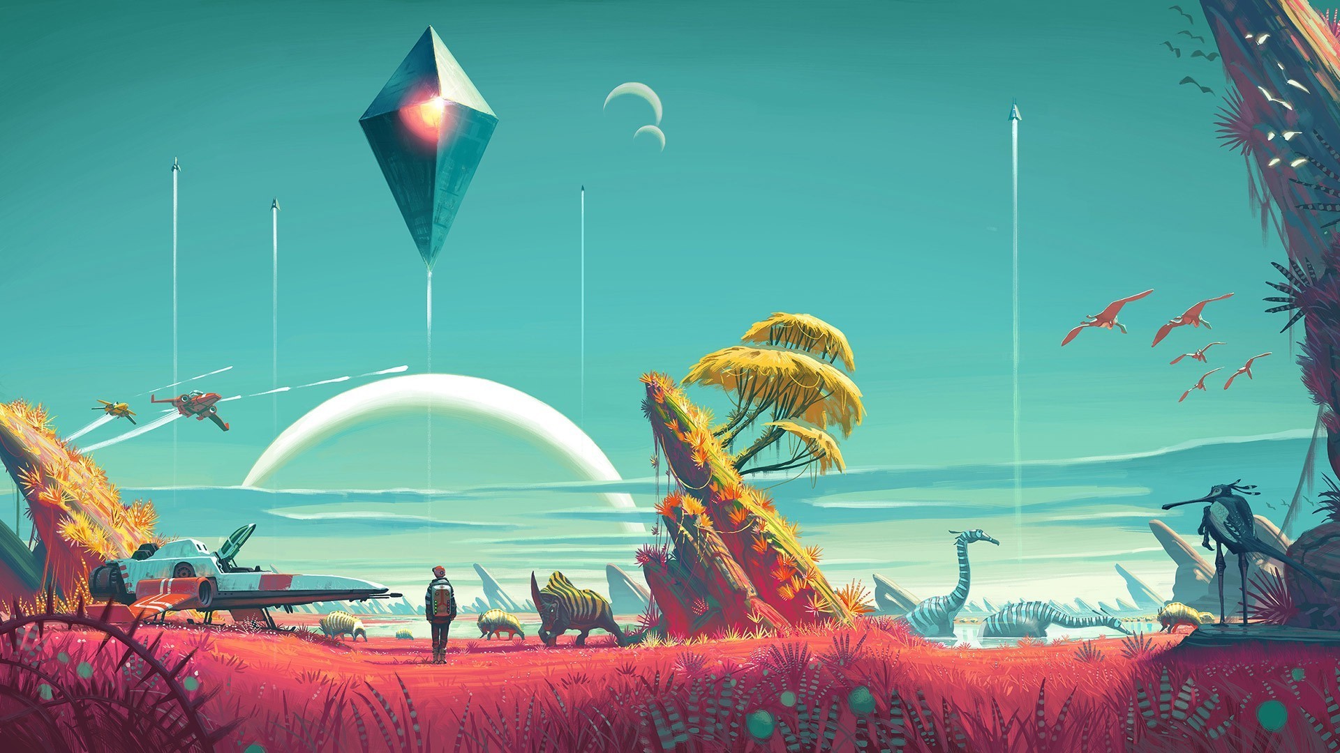 No Man's Sky, Atlas, Creature aliene, Astronave, Pianeta, Full HD, wallpaper per PC