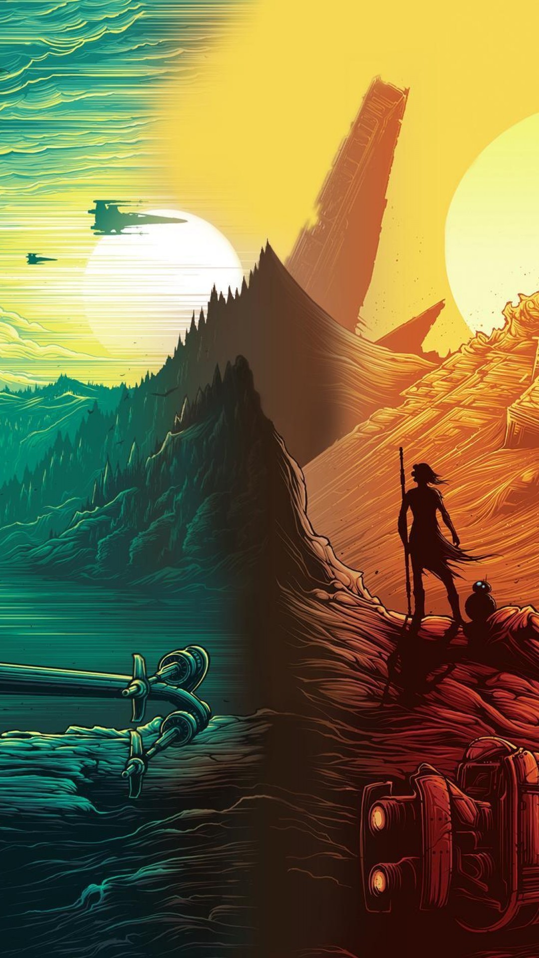 Rey, Millennium Falcon, Star Wars: Il risveglio della Forza, Illustrazione, wallpaper Full HD per smartphone