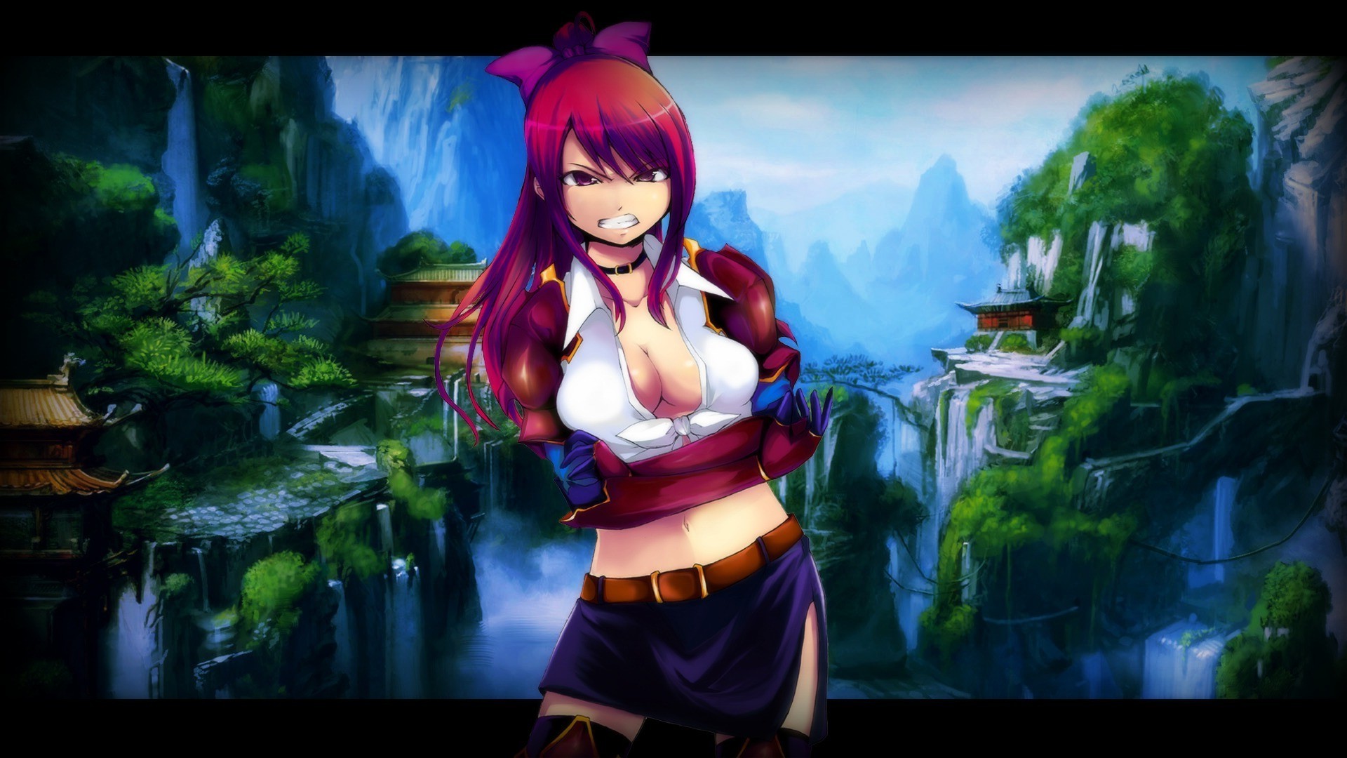 Erza Scarlet, Fairy Tail, Montagne, Cascata, Paesaggio, Full HD, sfondo per PC