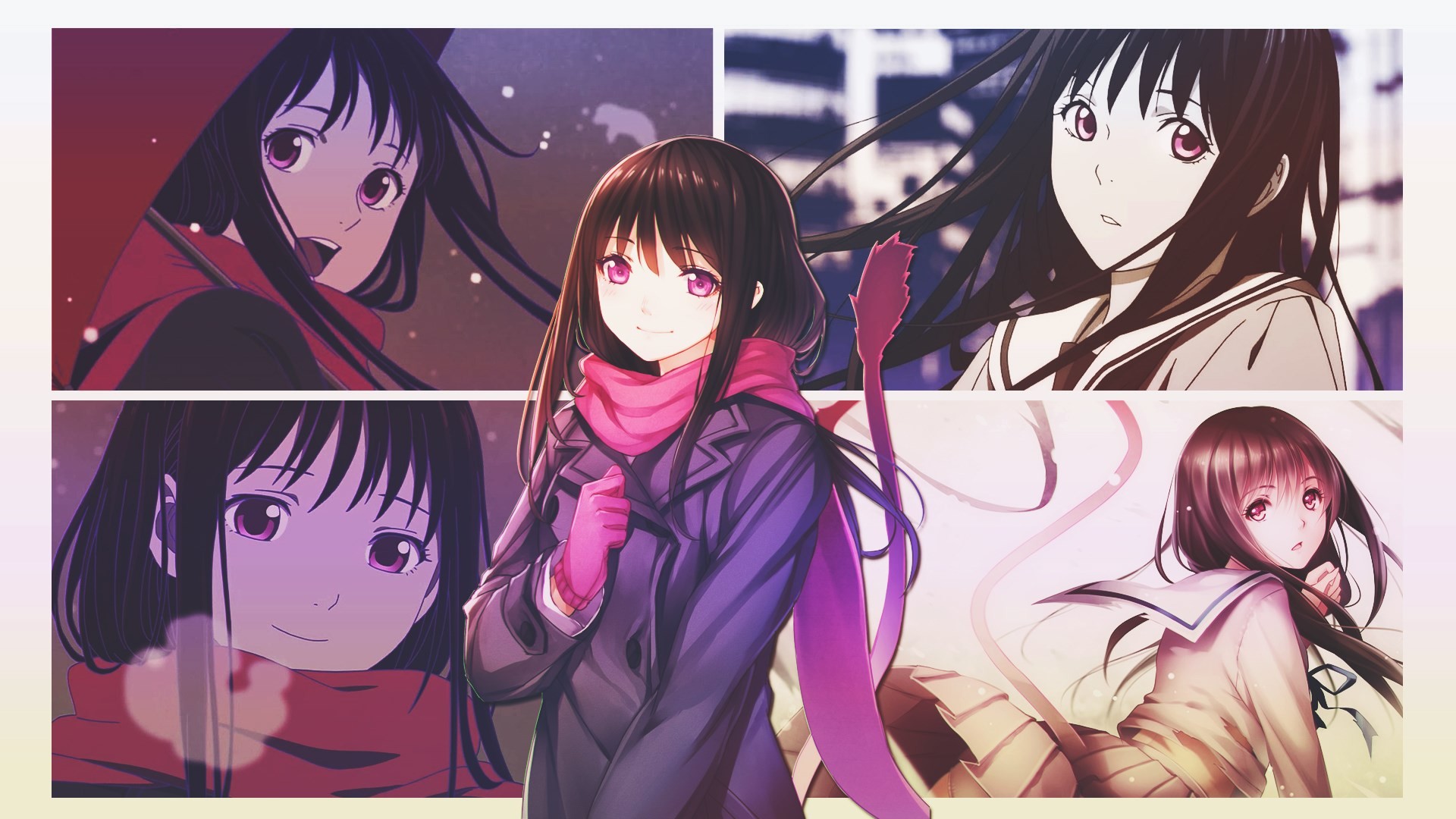 Hiyori Iki, Noragami, Collage, Sciarpa rosa, Ritratti, 16:9 Full HD, wallpaper widescreen