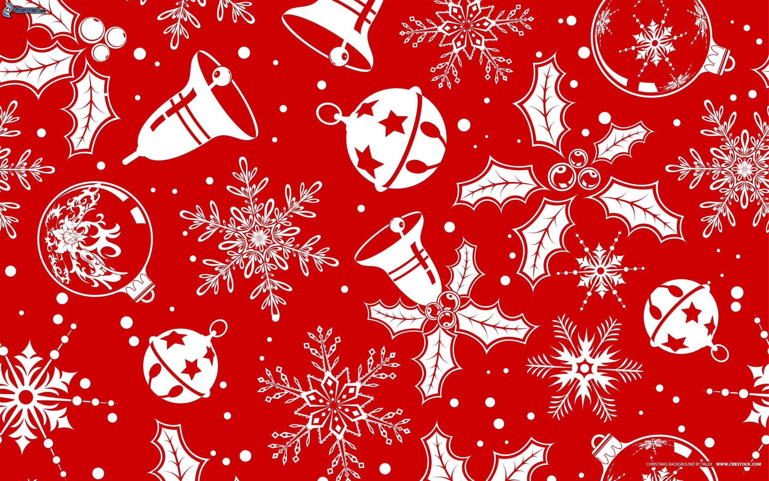 Motivo natalizio, Campane, Agrifoglio, Fiocchi di neve, Sfondo rosso, wallpaper desktop 2K