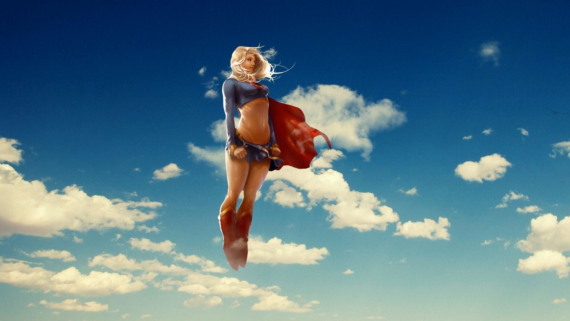 Supergirl, DC Comics, Volo, Cielo azzurro, Full HD, wallpaper per PC